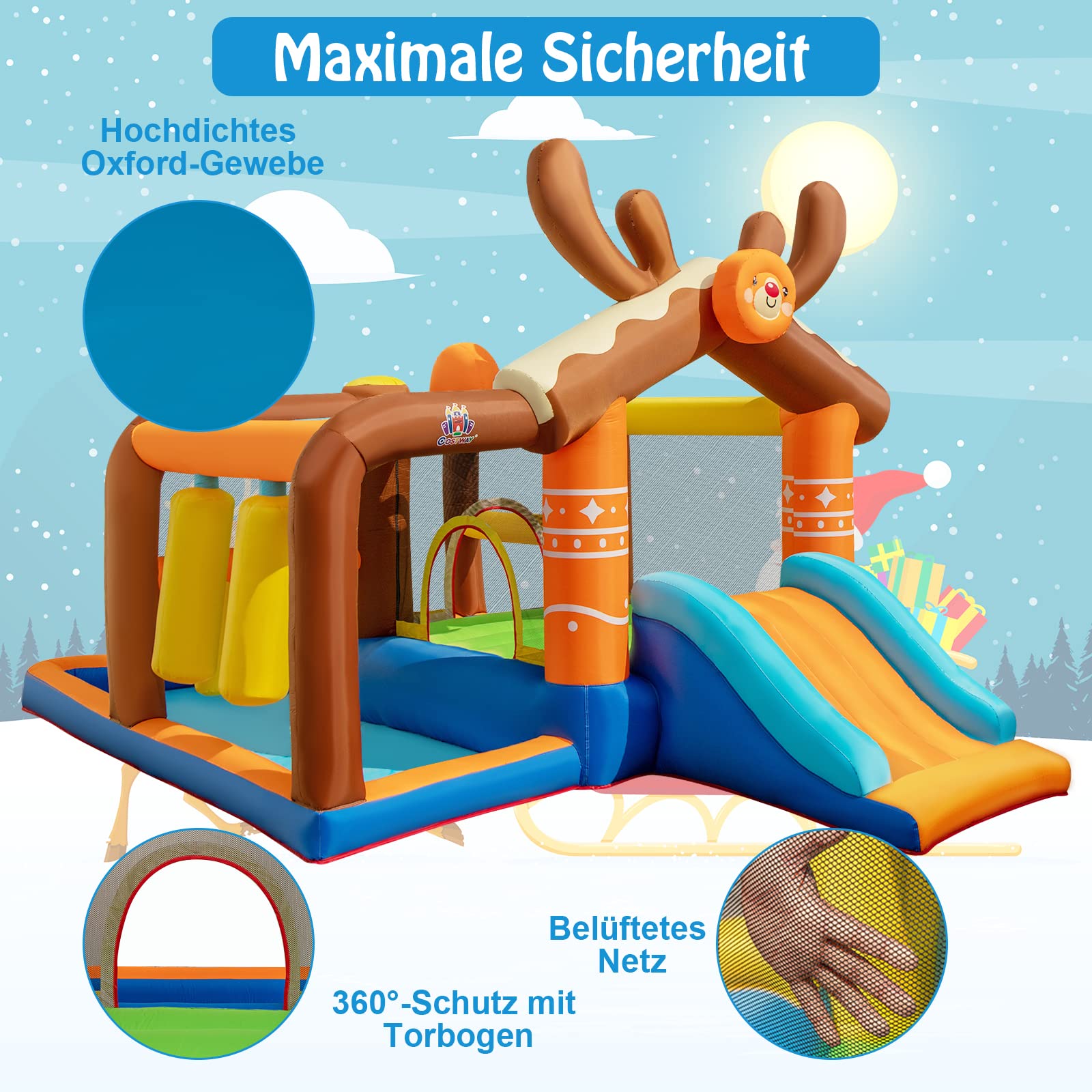 COSTWAY Springkasteel Met Blazer, Glijbaan, Ballenbad, Oceaanballen En Basketbalmand Kinderspringkasteel Voor Buiten En Binnen Met Reparatieset En Grondpennen 337 X 325 X 256 Cm 343352