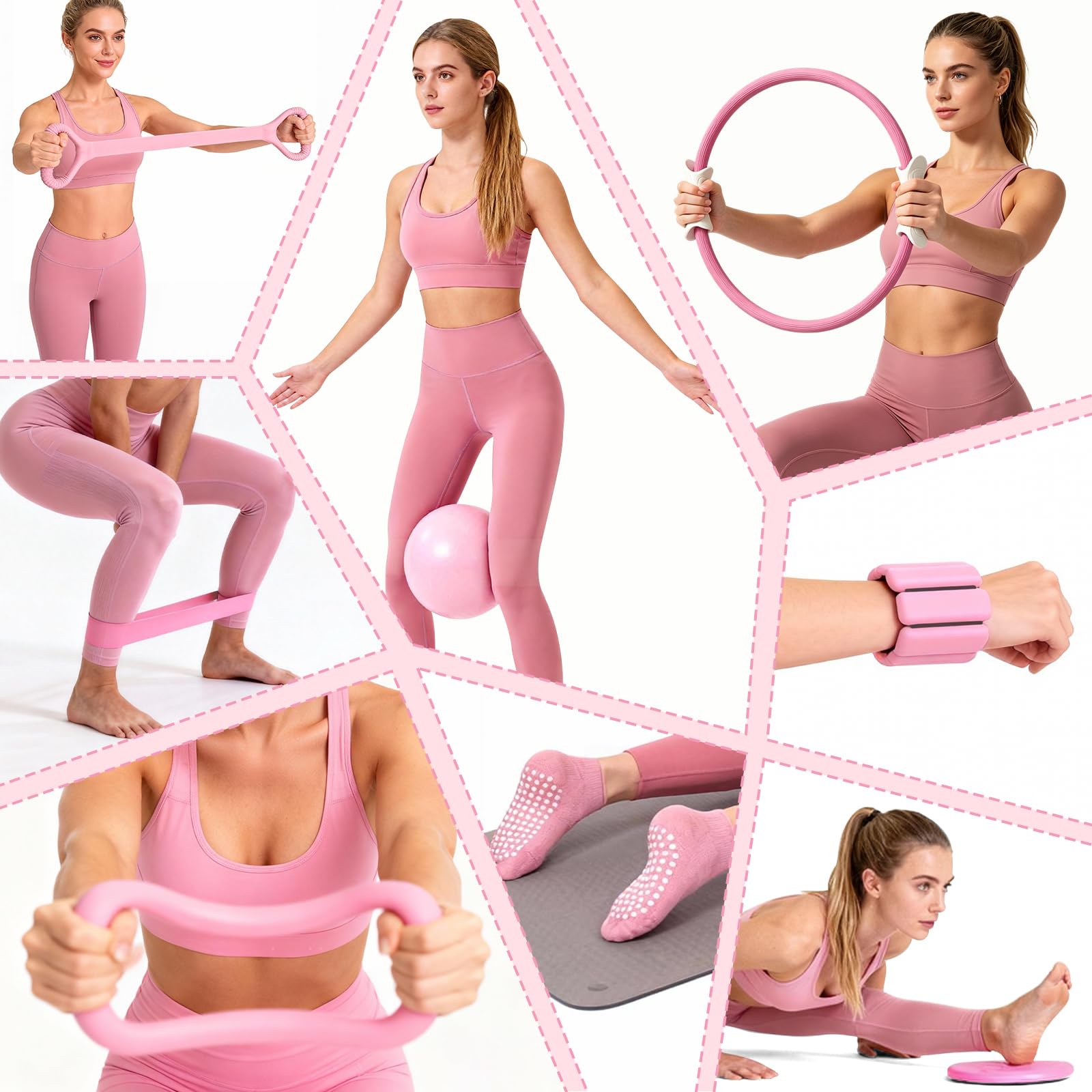 Kit Pilates 14PCS Rose – Kit Pilates Maison avec Anneau, Ballon, Bandes de Résistance – Set Entraînement Complet