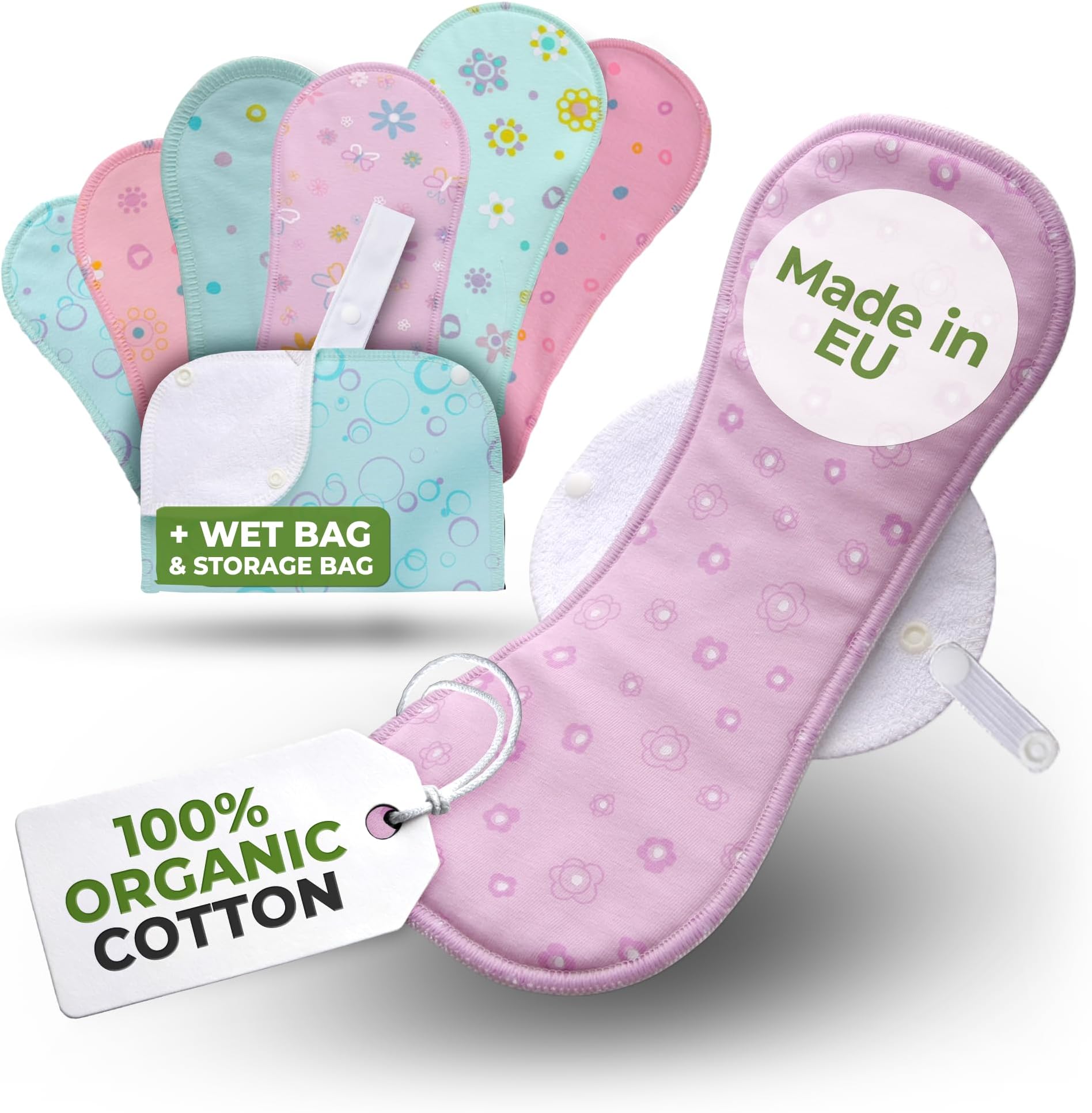 Made in EU – Reusable Sanitary Pads for Light Flow (6 Pack, S+M) – High-Temp Washable, Durable Cloth Period Pads for Women & Teens – Breathable Organic Cotton & Secure-Fit for Menstrual Comfort