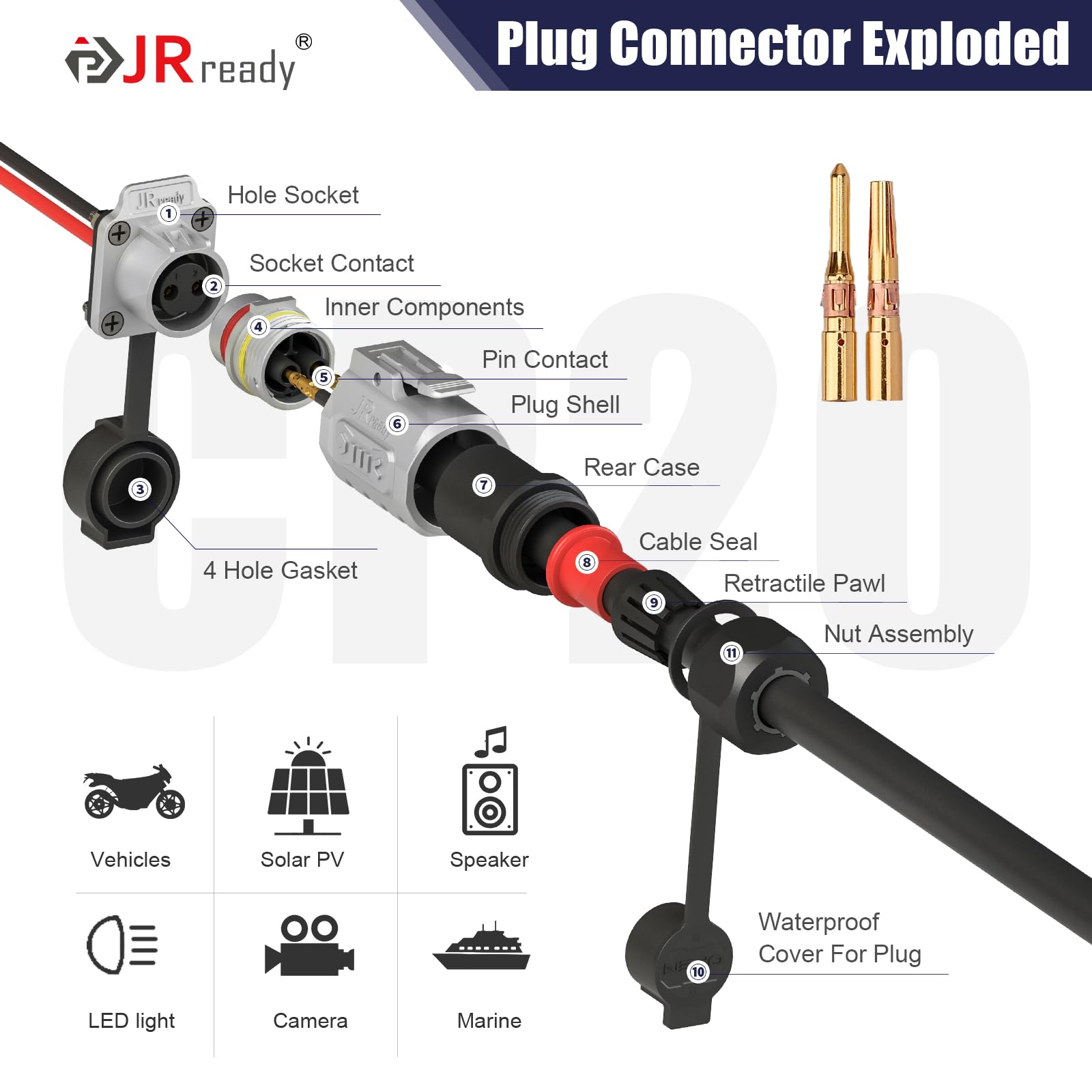 JRready Kit de conector industrial eléctrico impermeable de 2 pines, terminales sólidos chapados en oro 14-18 AWG con 2 pares (macho/hembra) conector de enchufe de metal IP68 para automoción