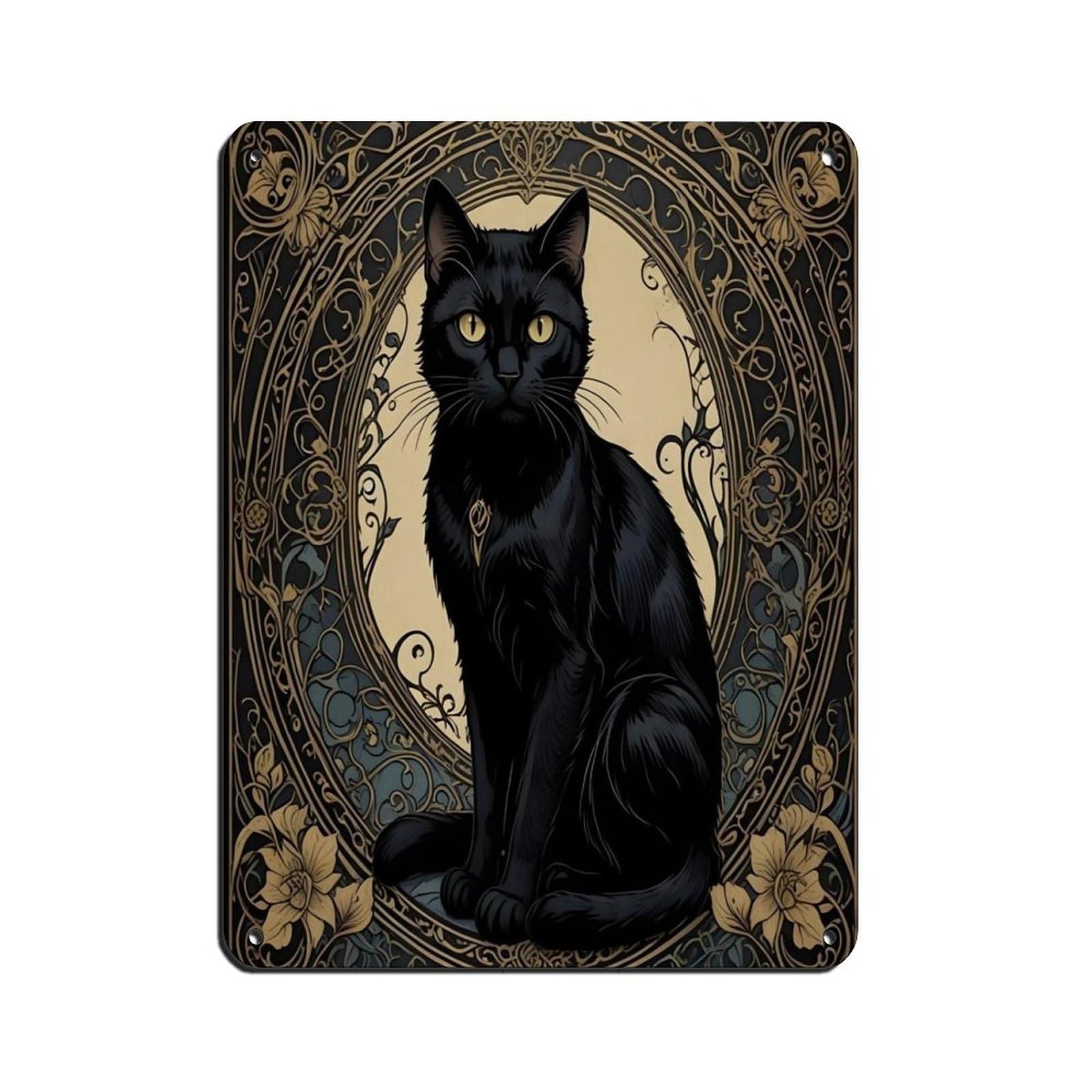 Art Nouveau Black Cat, Goth Dark Art Deco Tin Sign Vintage Metal Pub Club Cafe Bar Home Wall Art Decoration Poster Retro 12x16inch(30x40cm)