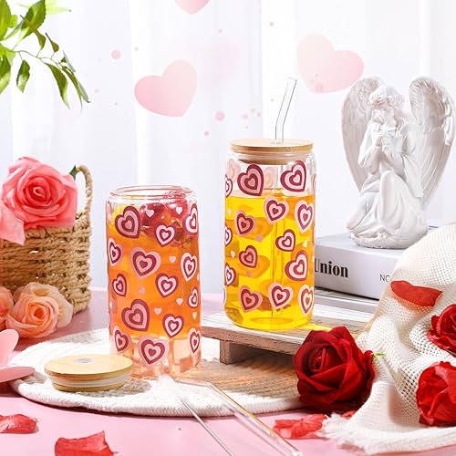 Miniatura 5 de Maxcheck 6 vasos de vidrio con tapas de bambú y popote de vidrio, vaso con forma de lata de cerveza de 16 onzas, vasos para café helado, vasos con