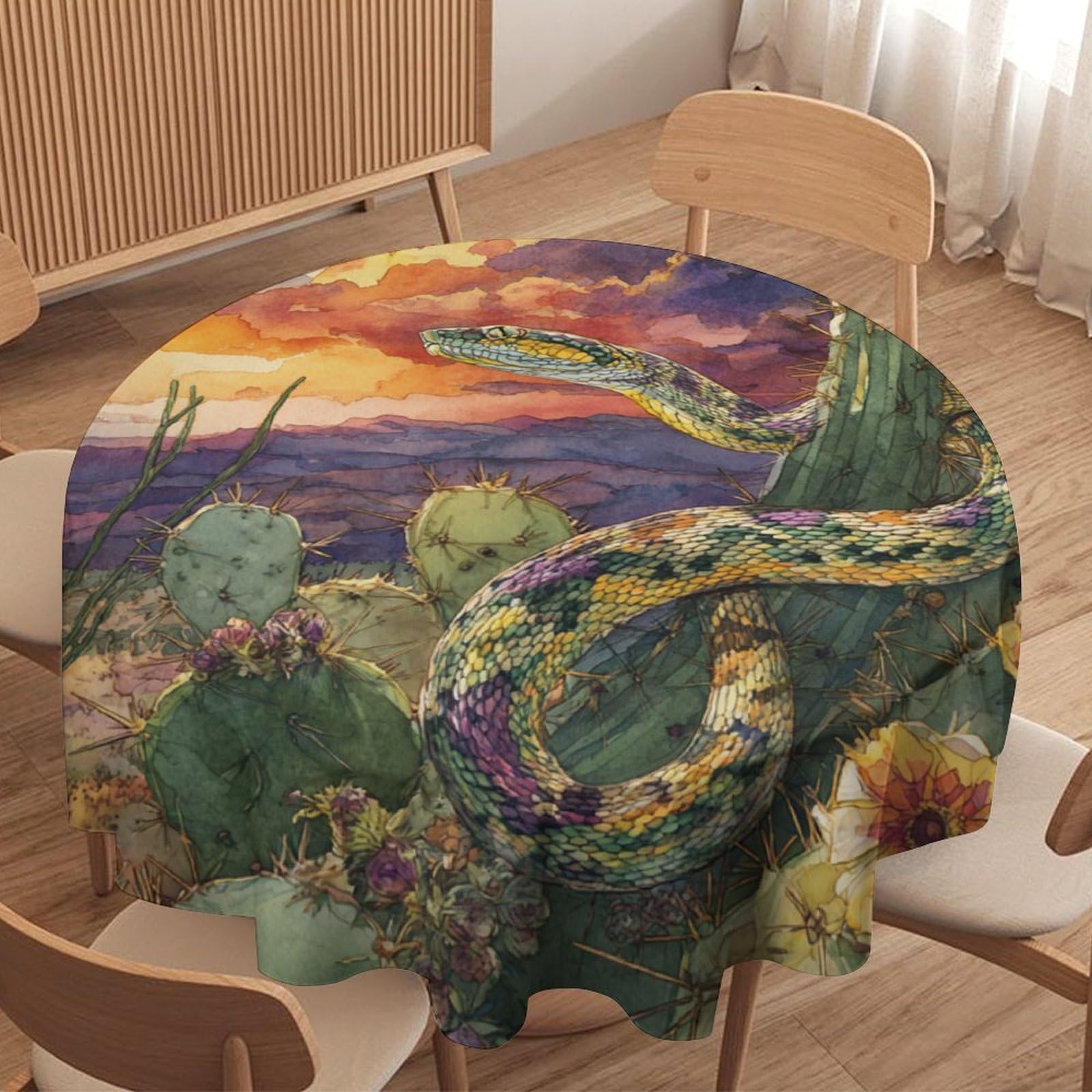 LUYYSKY Vintage Funny Animals Snake Round Tablecloth Retro Western Desert Plants Flowers Cactus Wildlife Snake Washable Decor for Table Cover for Kitchen-91.4" Wx91.4 L cm
