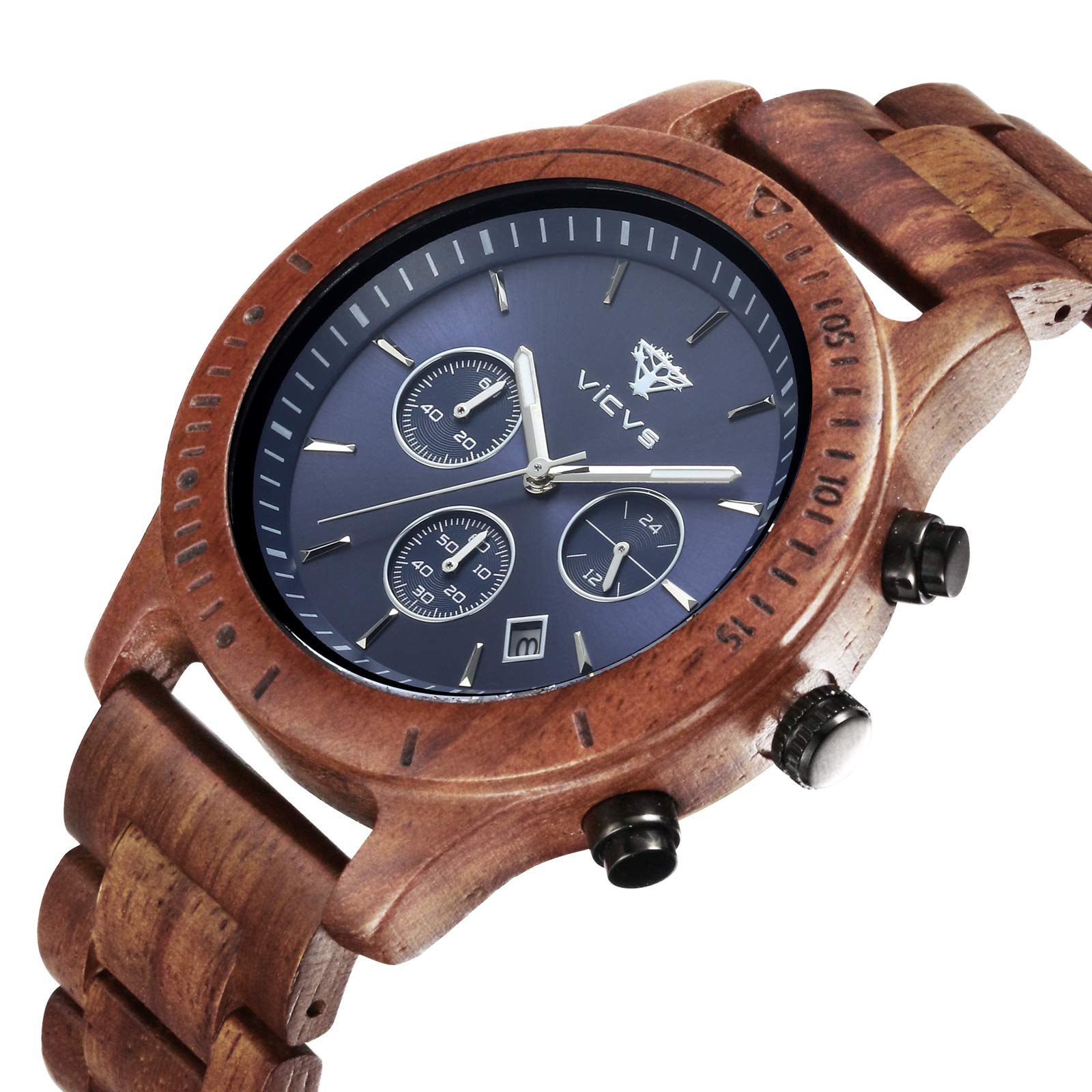 VICVS Men's Wooden Watch, 100% Natural Wood Watch, Japanese Quartz Movement with Date Display Chronograph Function, (Sandalwood)