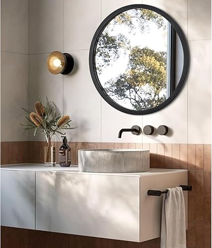 Miniatura 4 de JJUUYOU Espejo de pared circular de 20 pulgadas para decoración del hogar, espejo redondo blanco para baño, espejo de marco de madera montado en la