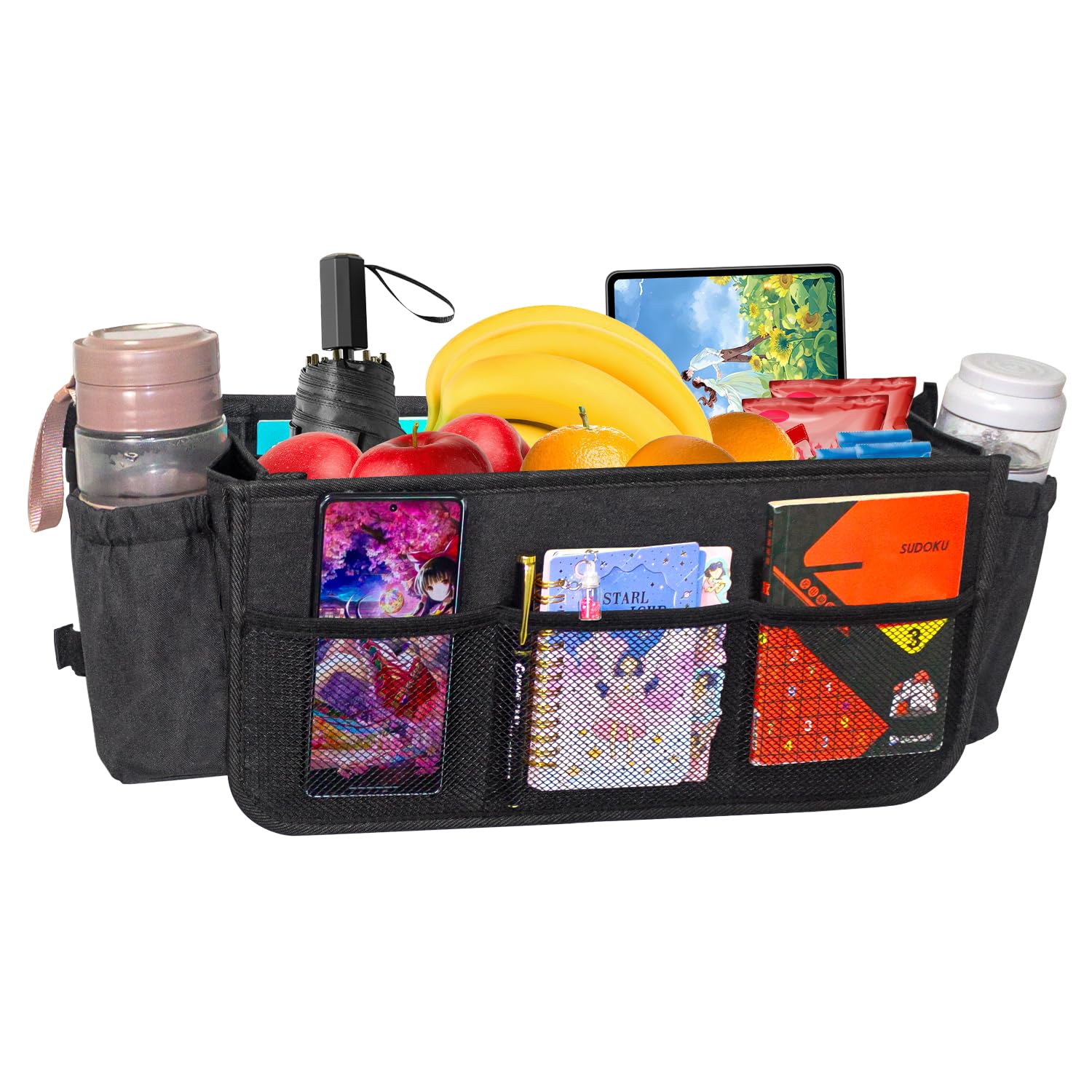 Bolsa grande para andador con 2 portavasos, cesta para caminar, bolsa de marco para caminar, accesorio plegable para andador, cesta de almacenamiento manos libres, bolsa de accesorios para ayuda de