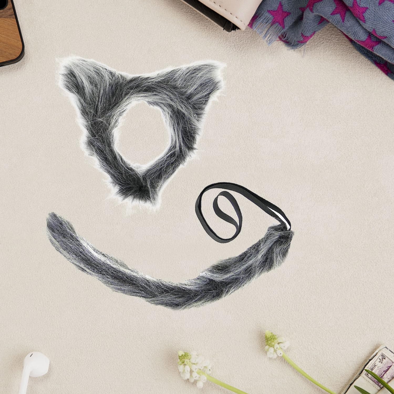 Bohue 2pcs Wolf Cosplay Costume Set Wolf Ears Headband and Tail Grey Wolf Headband Faux Fur Wolf Cosplay Costume for Halloween Party Dress Up Supplies - Image 3
