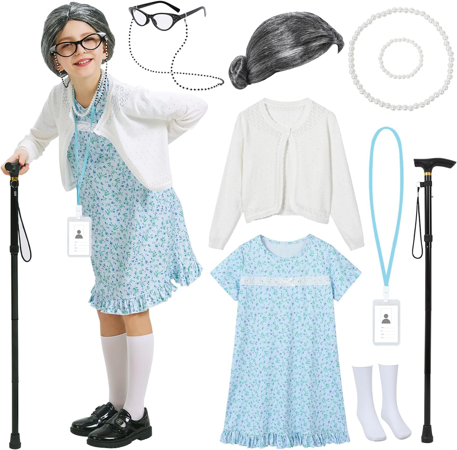 100 Days of School Kids Costume, Old Lady Costume for Kids Girls Halloween Grandma Dress Up