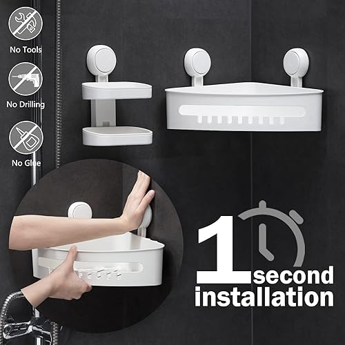 Miniatura 3 de LEVERLOC Organizador de ducha esquinero con ventosa y soporte para jabón, instalación de un segundo, cesta de ducha extraíble sin perforación,