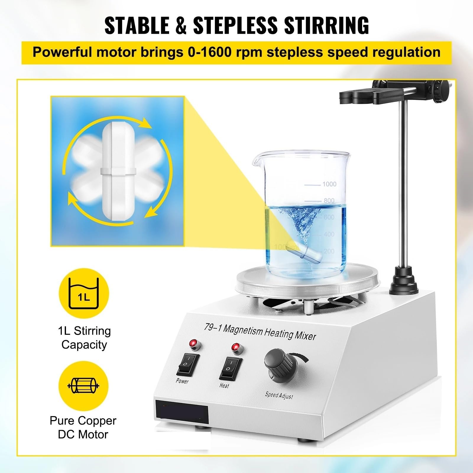 Labor Mischer, 1L Heizung Magnetrührer Heizplatte W/Rührstab 0-1600R/Min Vortex-Mischer Destillationskit Chemie Laborausrüstung