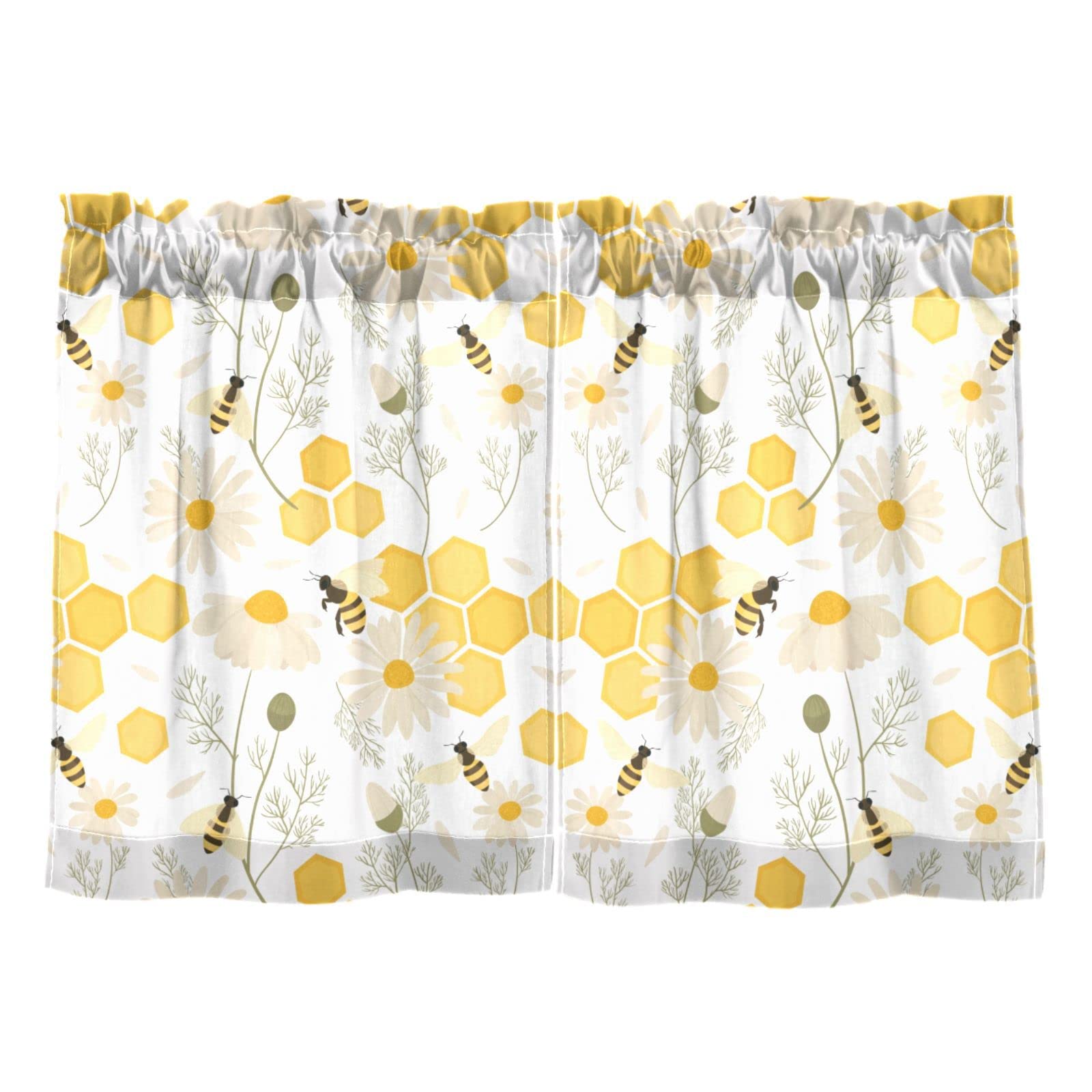 MFTJYO Honey Bee Flower Kitchen Curtains Half Window Curtains Room Darkening Curtains Rod Pocket Cafe Curtains Short for Living Room Semi Sheer Set 36