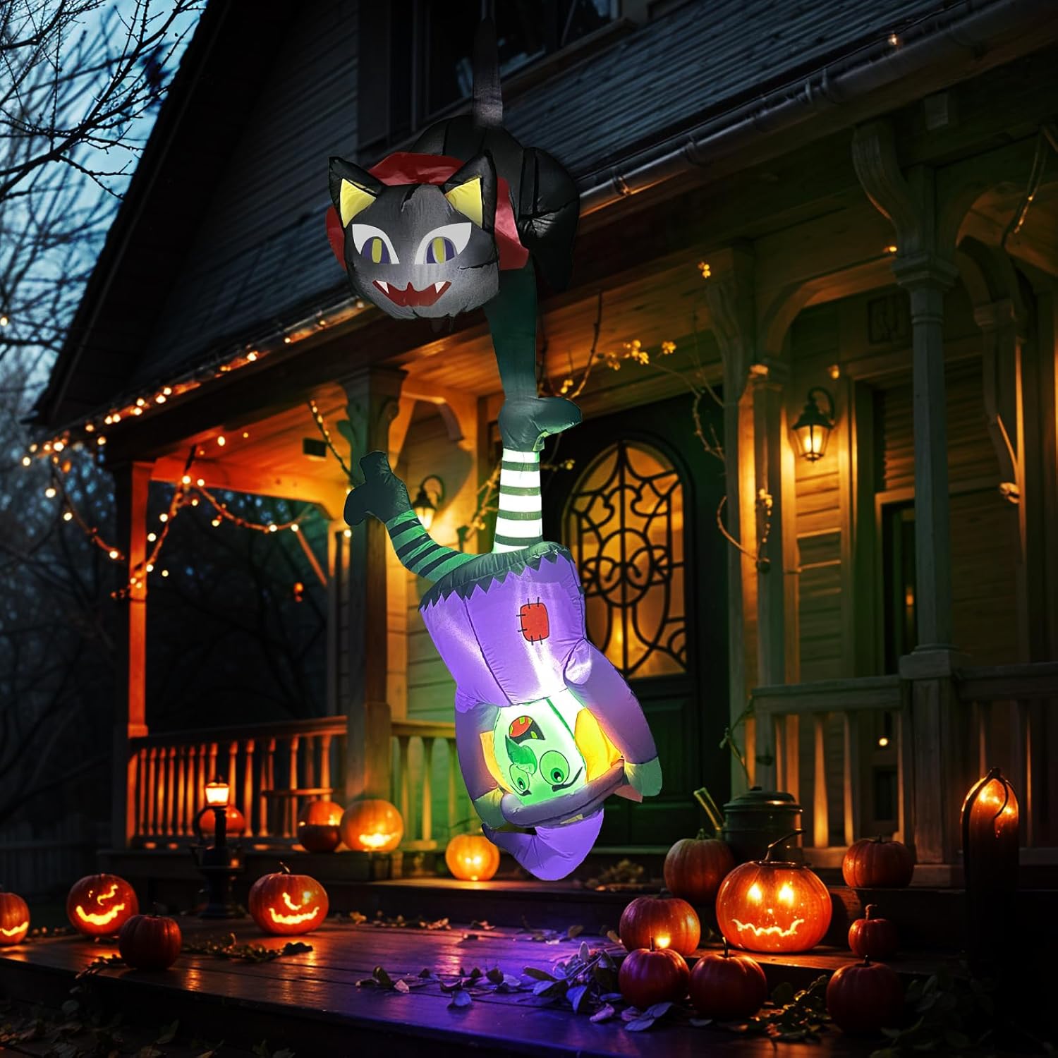 8 FT Halloween Inflatables Outdoor Decorations Black Cat and Witch Inflatable, Halloween Blow Up Yard Decorations with LED Lights, Black Cat Inflatable Decorations for Outdoor Yard Roof Decor