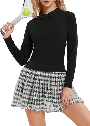 Womens 2 Piece Tennis Skirt Set Long Sleeve Color Block Collared Top & Pleated Skort with 4 Pockets Golf Pickleball Athletic