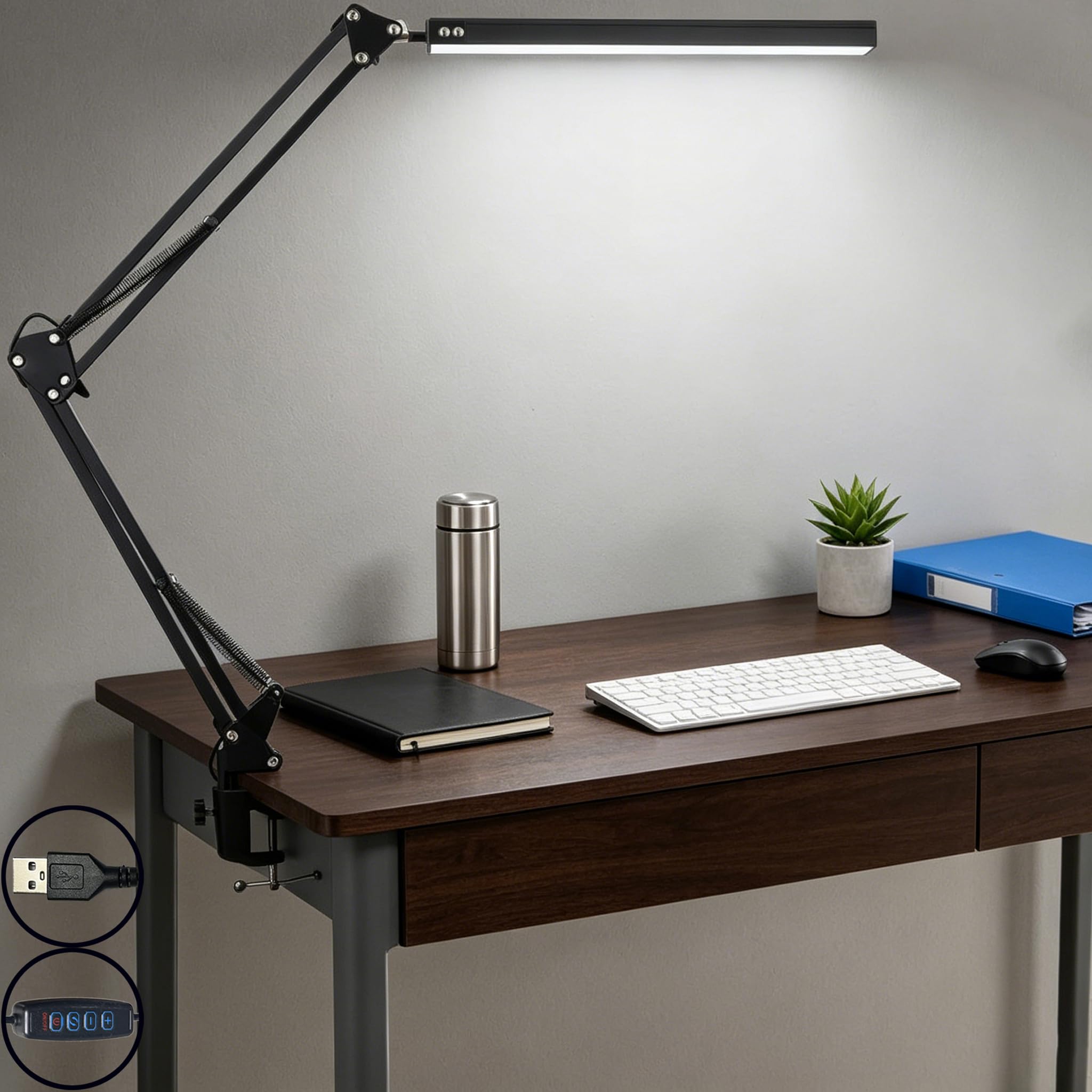 Clip-on LED desk lamp, 3 lighting modes, 10 brightness levels, memory function, eye-friendly dimmable light, USB interface, rotating arm, 12W study lamp, suitable for home and office, （black）