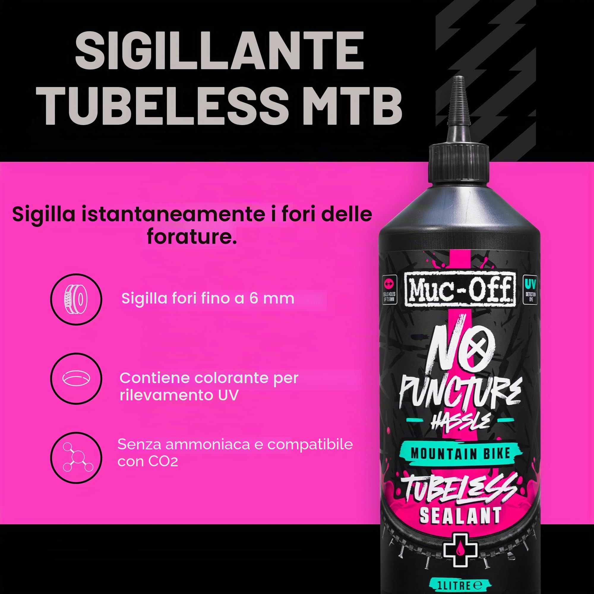 Muc-Off No Puncture Hassle Tubeless Sealant, 1 l - Liquido Tubeless Avanzato con Colorante Tracciante UV - Lattice per Tubeless Sigilla Strappi e Fori Fino a 6 mm