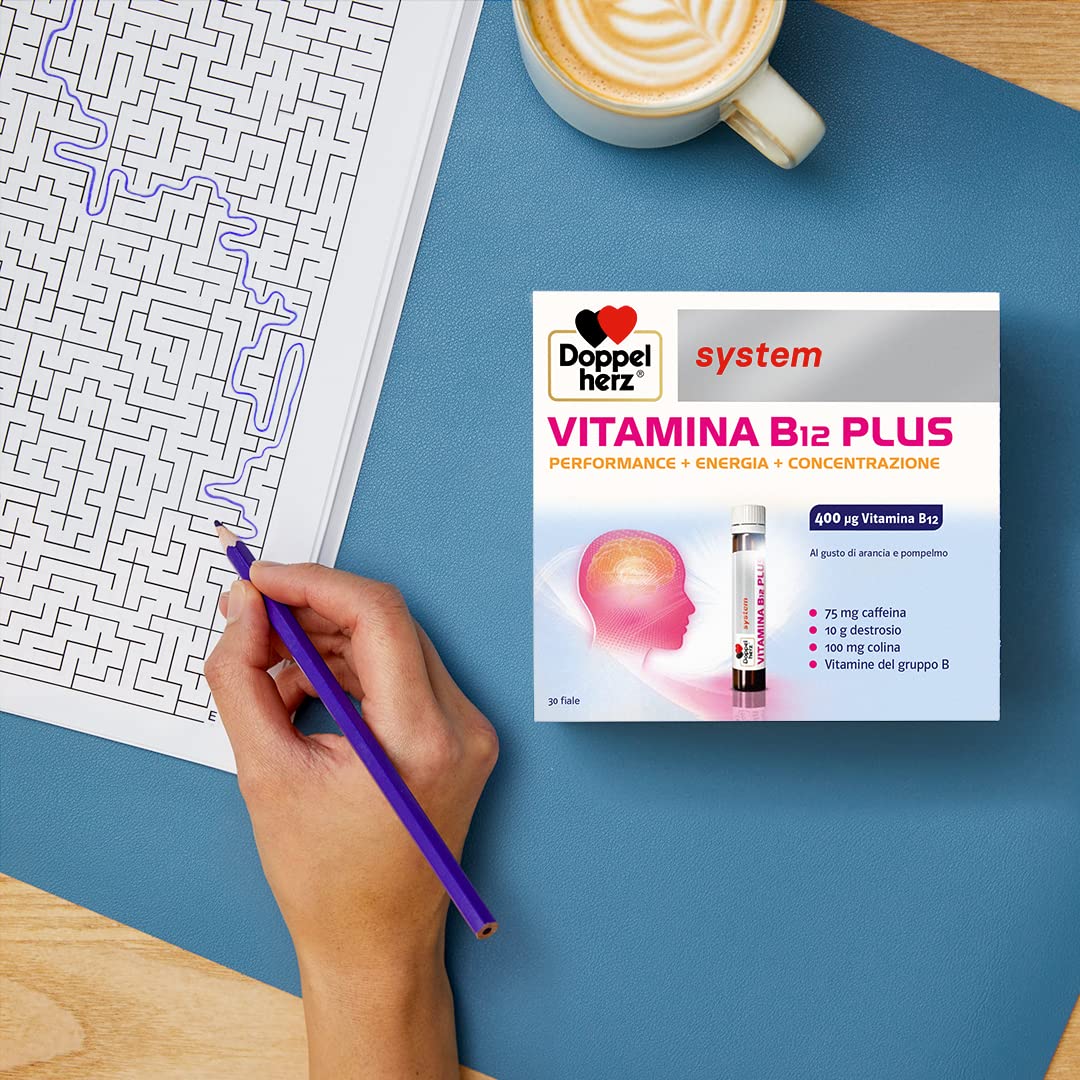 Doppelherz system VITAMINA B12 PLUS - Integratore Alimentare con Destrosio, Vitamine del Gruppo B, Caffeina e Colina, Sapore Arancia e Pompelmo - Senza Glutine e Lattosio - 30 Fiale