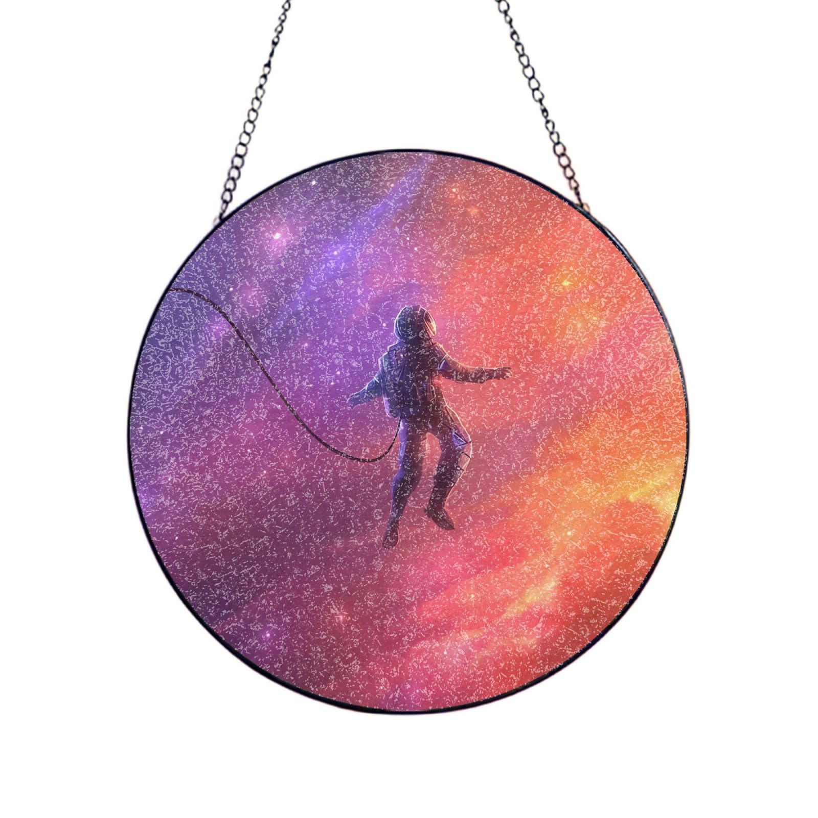 Phayah Astronaut Print Glass Window Hanging Round Suncatcher Glass Ornament Garden Wall Fence Decorations Indoor Outdoor 10in（25cm）