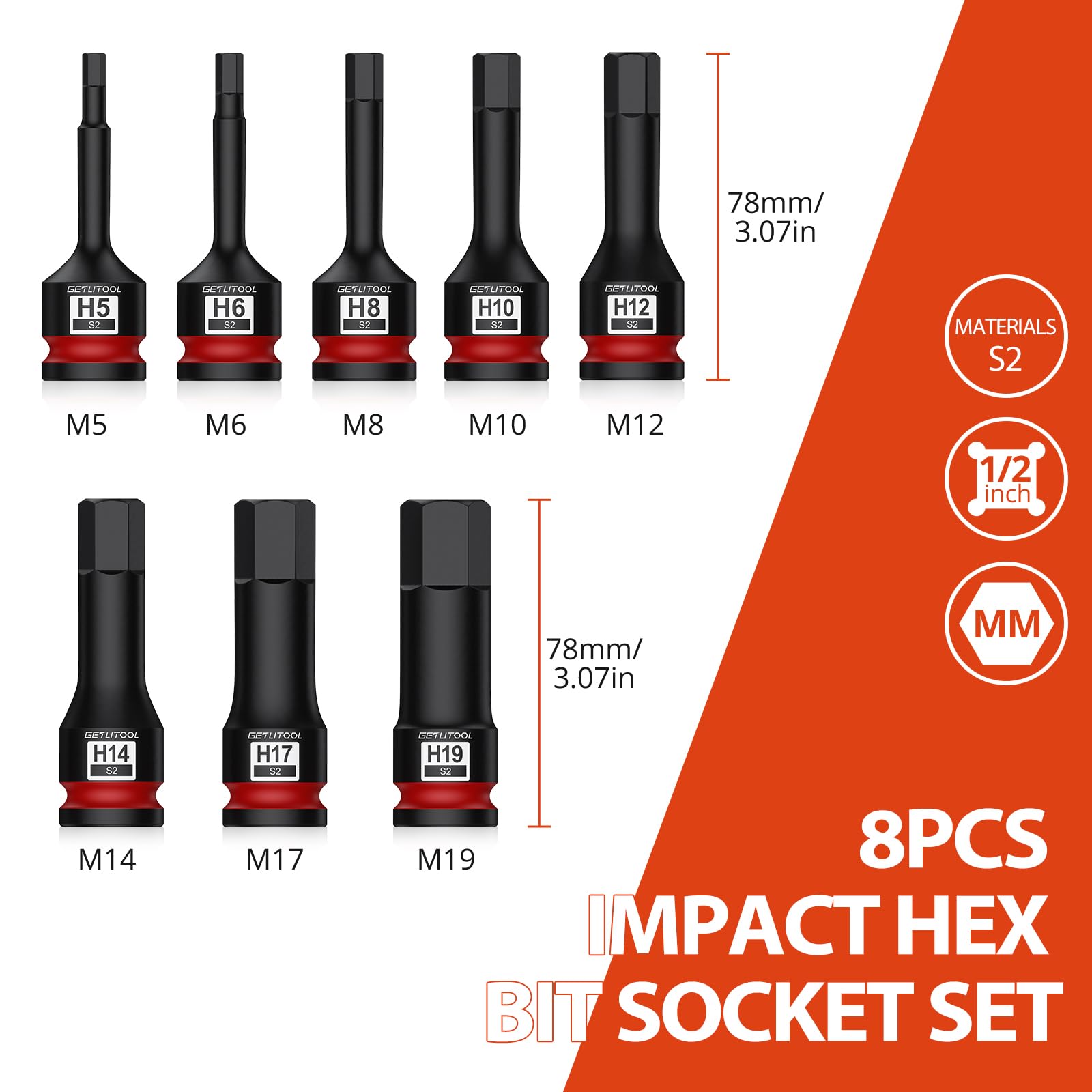 GETLITOOL 8Pcs Impact Hex Bit Socket Set - Image 2