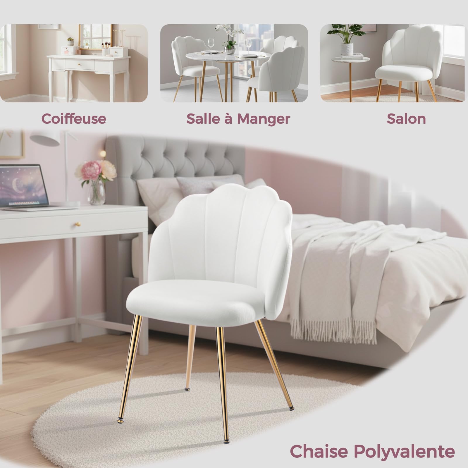 Chaise Coiffeuse Velours Blanche - Fauteuil Coquille Pieds Dorés Design pour Chambre Salon Fille, Facile à Monter