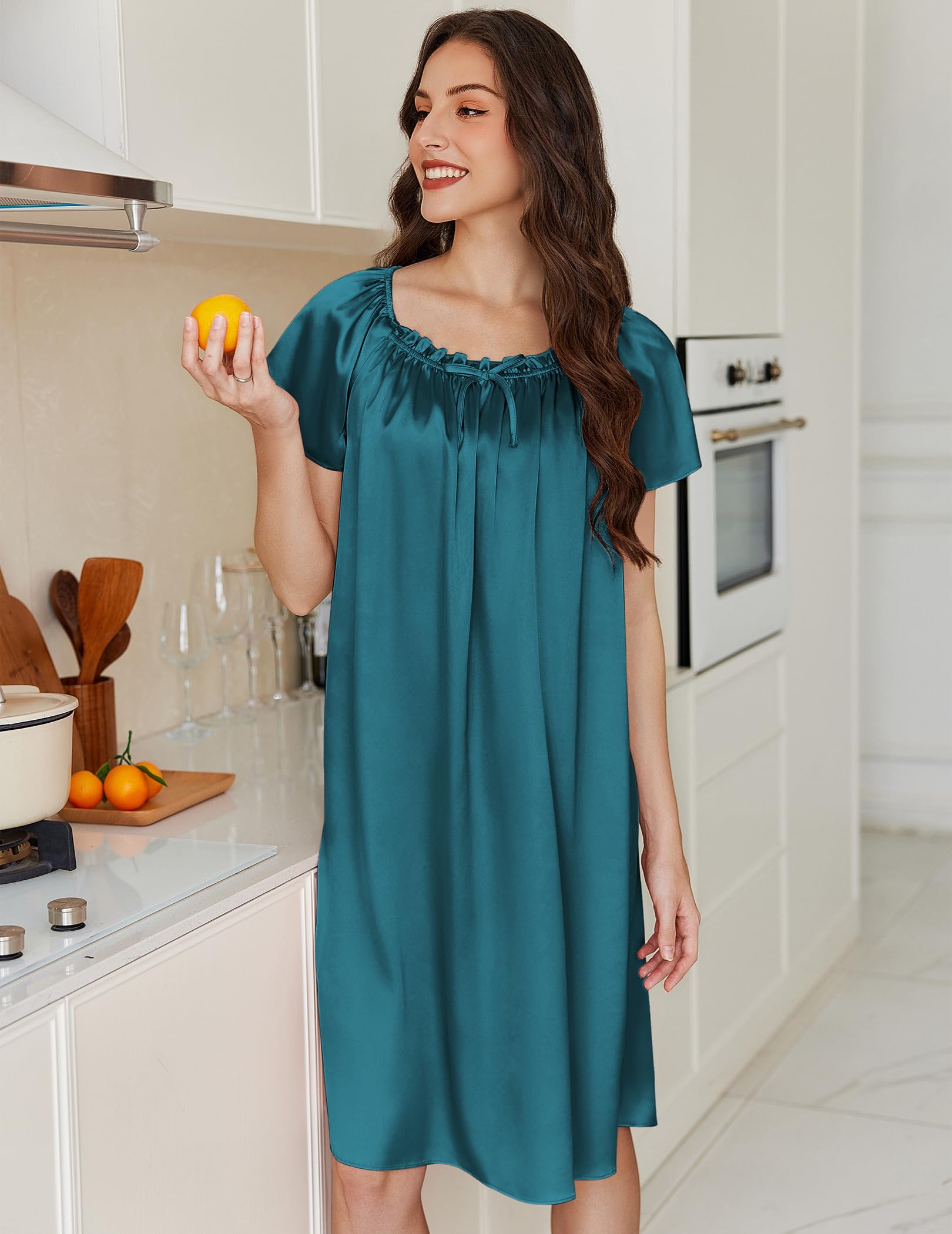 Ekouaer Satin Nightgowns for Women 2 Pack Silk Nightgown Pleated Loose Night Shirts Short Sleeve Sleep Shirts: Blue Green/Black Medium