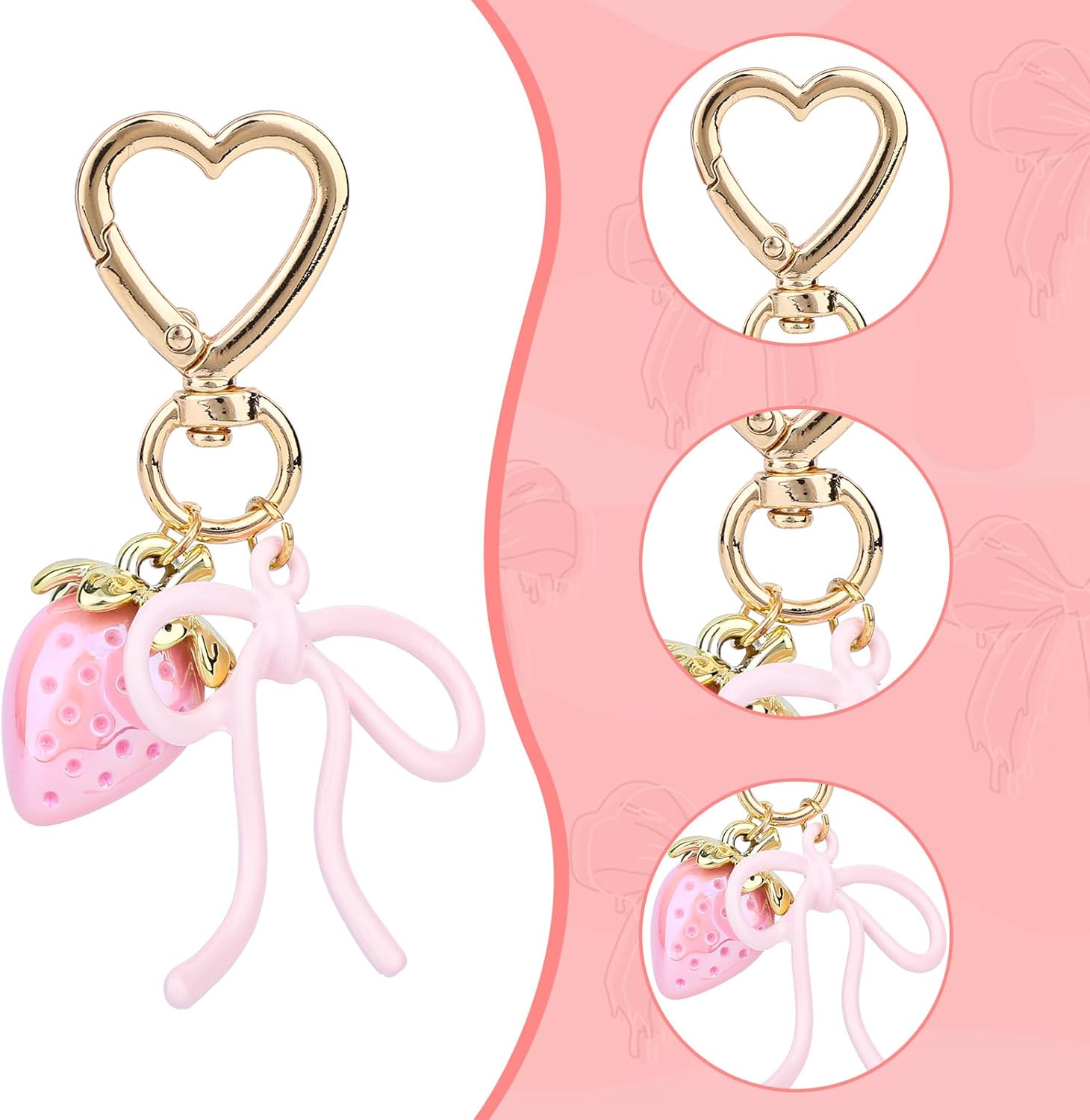 Cute Strawberry Keychain for Women, Kawaii Heart Bow Car Key Chain Accessories Decor for Purse Handbag Backpack Bag Charms, Women Gifts (Pink) - Image 4