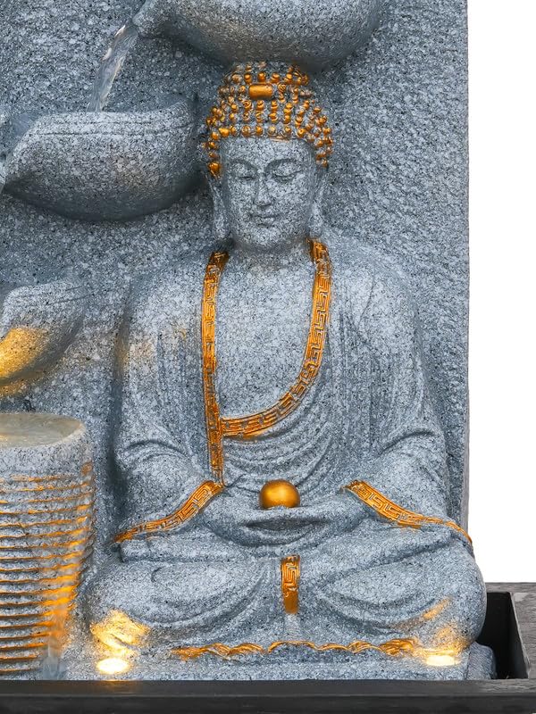 Image of Polyresin Grey Meditating Buddha Tabletop Indoor 4 Diya Steps Water Fountain for Home Decor with Yellow LED Light & Speed Controller Pump (Size: 40 x 29.5 x 22CM | Wt: 2685grm)