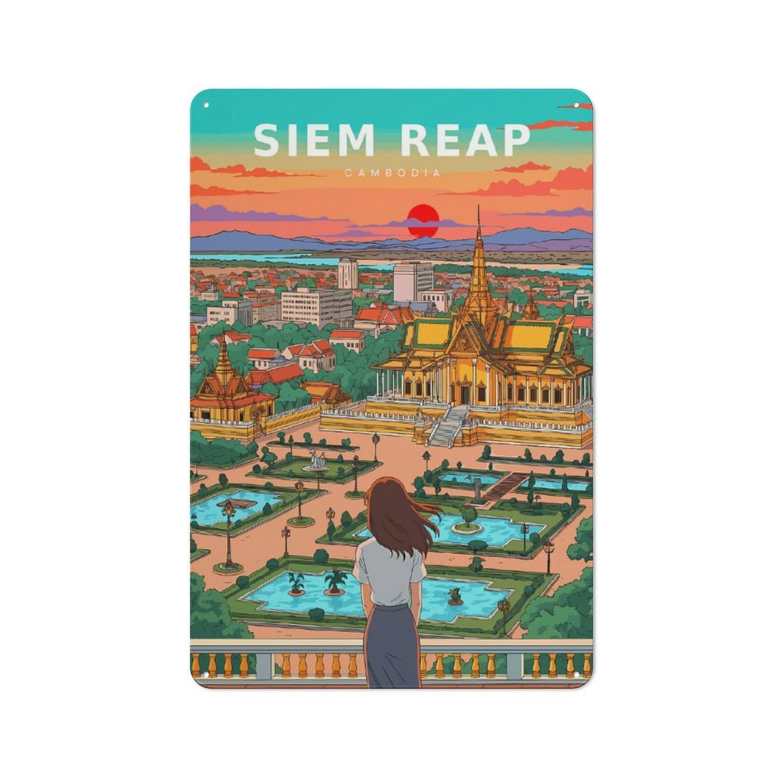 Junmoney Style-16 Tin Wall Plaque 30X20cm With Siem Reap Cambodia Travel For Guest Room Or Hallway, For Updating Guest Room And Hallway After Moving