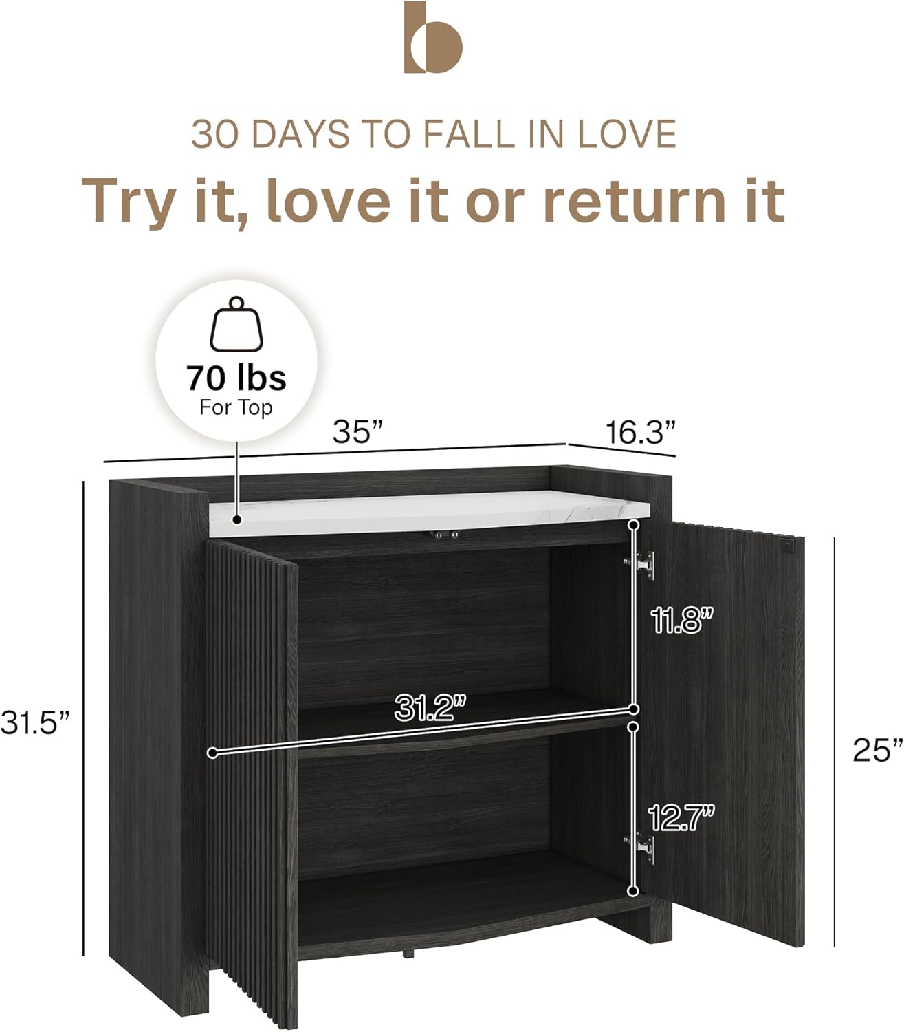 BELLEZE Set of 3 Modular Sideboard Buffet Cabinet with Storage,105'' Modern Credenza with Adjustable Shelves, Fluted Black Console Table with Faux Marble Panel for Kitchen, Entryway, Dining Room 35 Inch Ebony 3