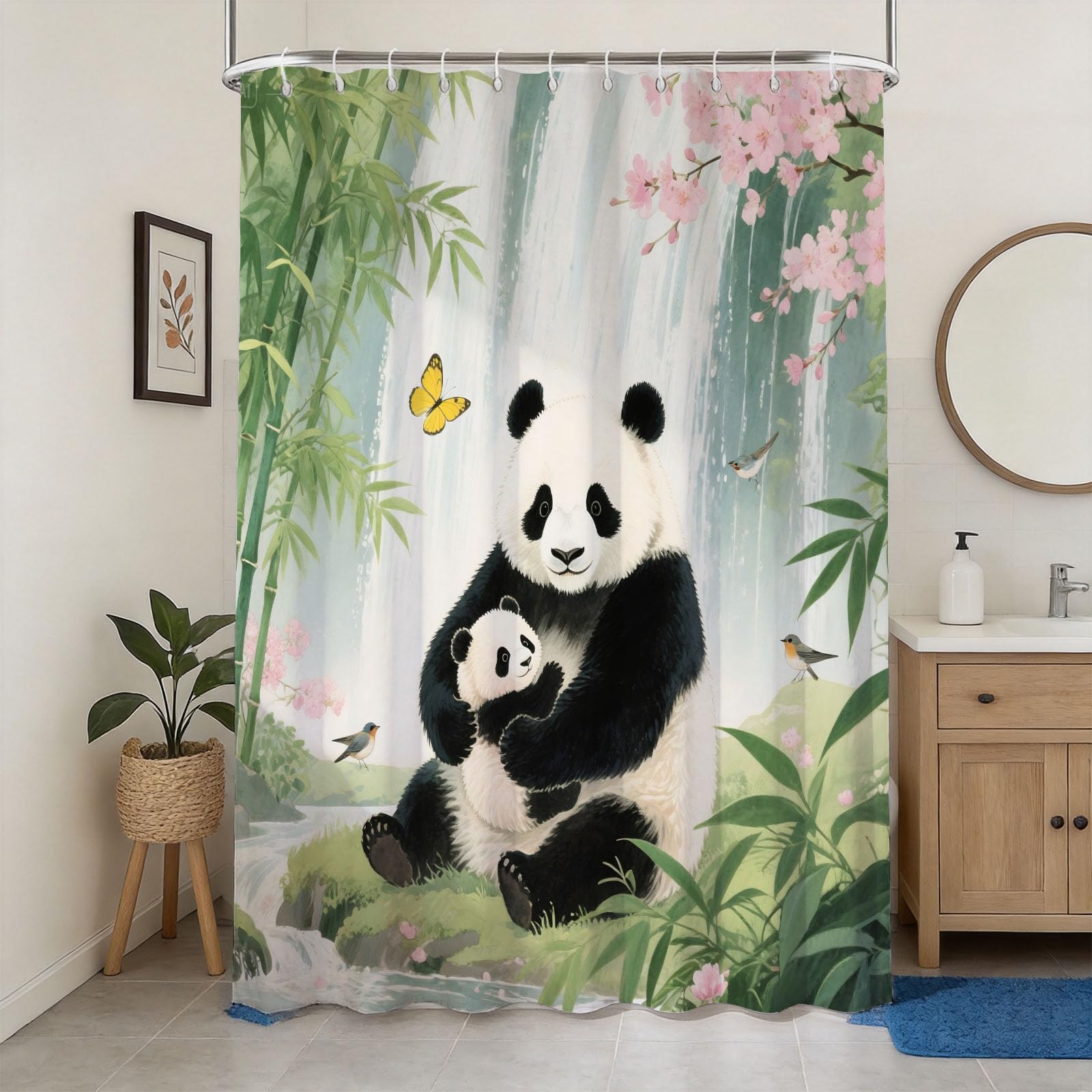 Hongduo 3D Panda Bear Shower Curtain for Stalls Bathtubs Butterfly Bathroom Decor Shower Curtain Set Polyester Fabric Waterproof 180x180cm/71X71 Inch with Hooks