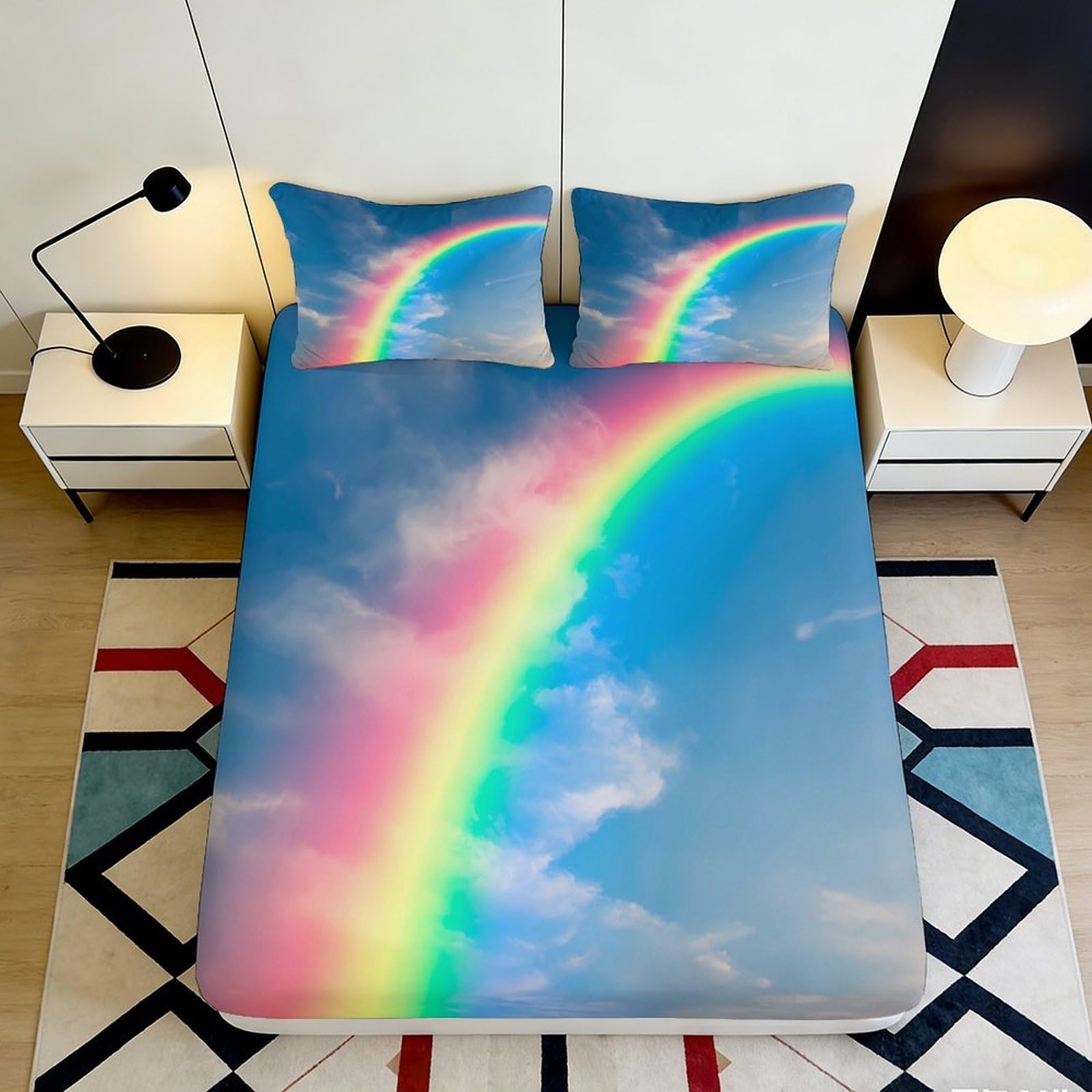 Tjiqhvmrn Style-3 3D Printed Rainbow Cloud Microfiber Fitted Sheet Deep Pocket Non-Slip Bedroom Bedding Rainbow Mattress Fitted Cover Washable For Adults 90X200x25cm