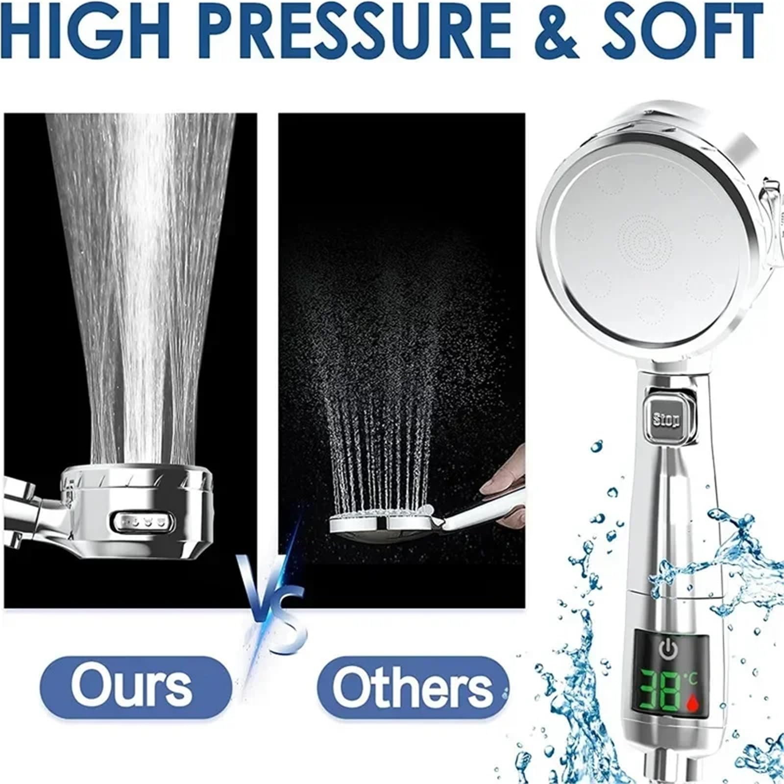 Ducha de Mano con Pantalla Digital, Ahorro de Agua con presión Ajustable