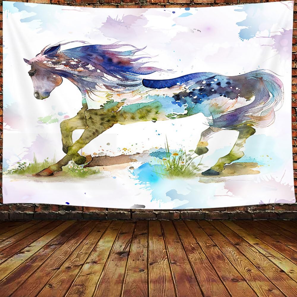 JAWO Horse Tapestry, Farm Animal Watercolor Horse Tapestry, Western Wall Tapestries for Bedroom Living Room College Dorm Wall Decor (71X60)