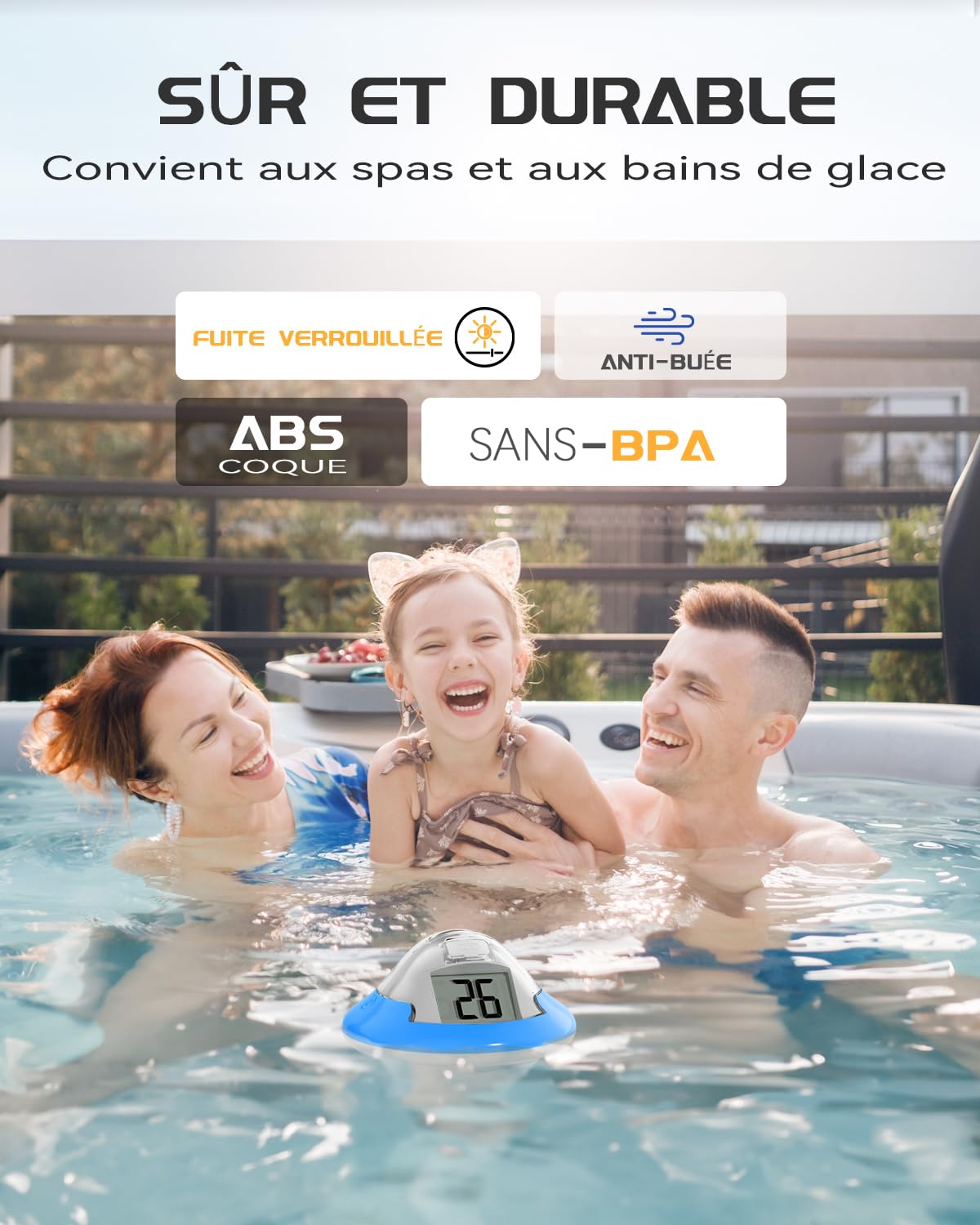 BALDR Termometro da piscina ricaricabile galleggiante con due schermi digitali e grandi cifre per piscina, vasca idromassaggio, sorgente calda, acquario (blu)