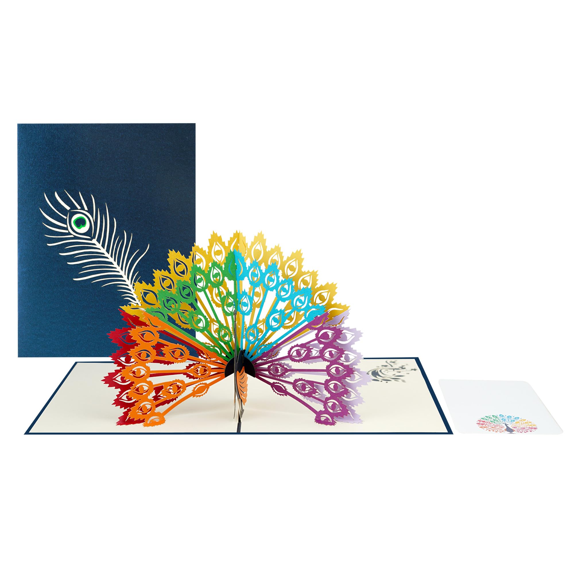 iGifts And Cards Majestic Peacock Paradise - Tarjeta desplegable 3D de 6 x 8 pulgadas, elegante felicitación con tarjeta de notas y sobre, pantalla de plumas coloridas, tarjeta única de cumpleaños,