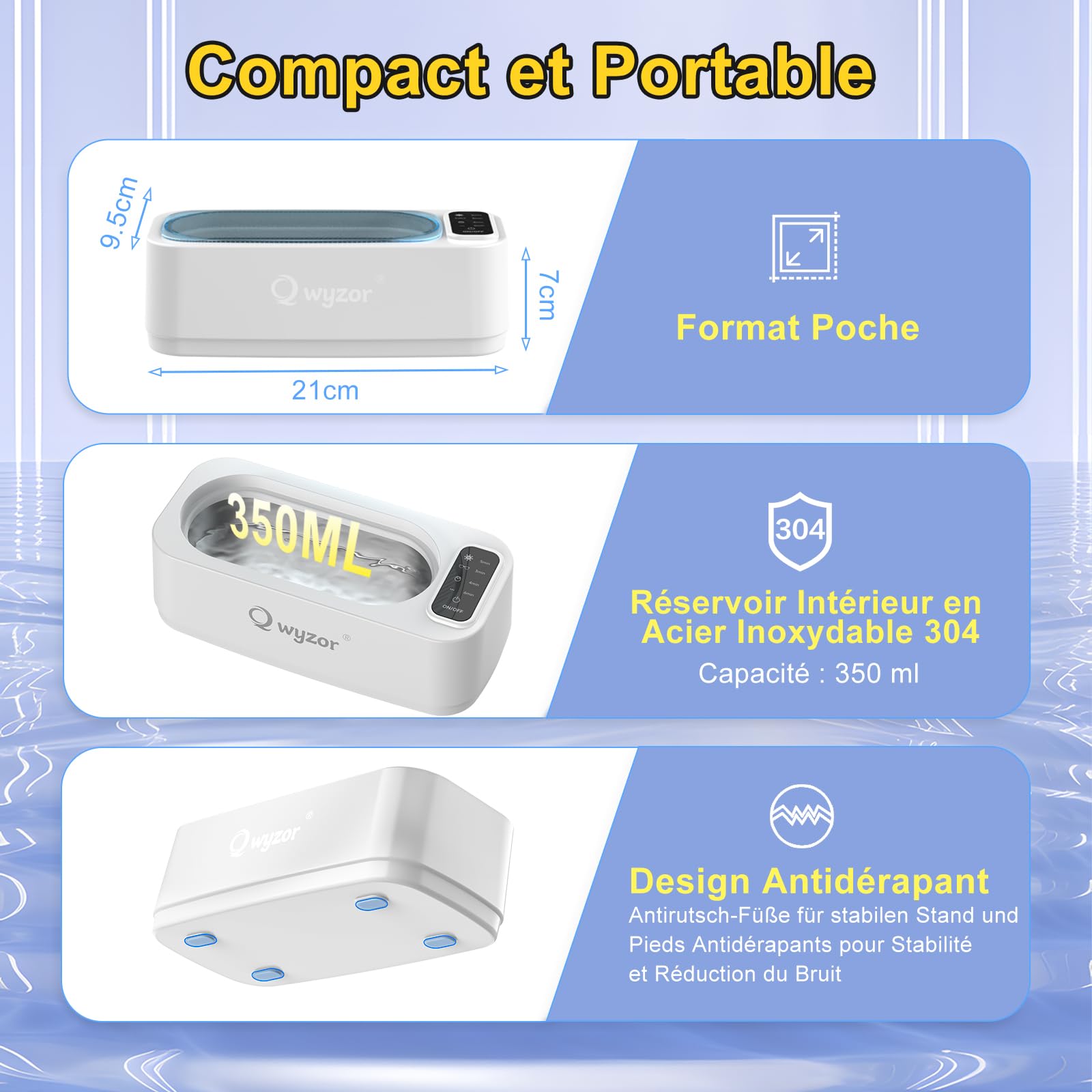 Nettoyeur Ultrasons, 55000Hz Bac a Ultrason, 350ml Ultrasonic Cleaner avec Écran LED, 4 Modes Nettoyeur Ultrason Bijoux avec Lumière UV pour Lunettes, Appareils Dentaires, Montres, Bagues et Colliers