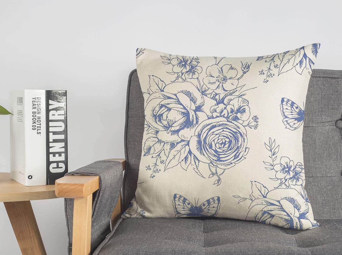Decorative Throw Pillow Cover Drawing Pattern Floral Romantic Botanical Vintage Blossom Motivies Butterflies White Porcelain Soft Linen Cushion Covers 18 x 18 Inches for Couch Car Bedroom