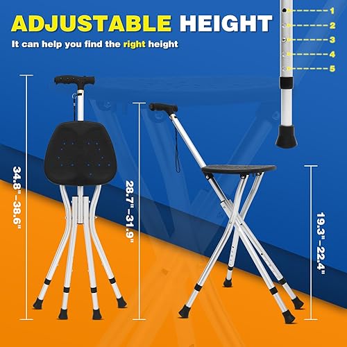 Miniatura 6 de BigAlex Bastón para caminar con asiento, asiento ligero con LED para personas mayores, silla plegable ajustable para mujeres con 4 patas