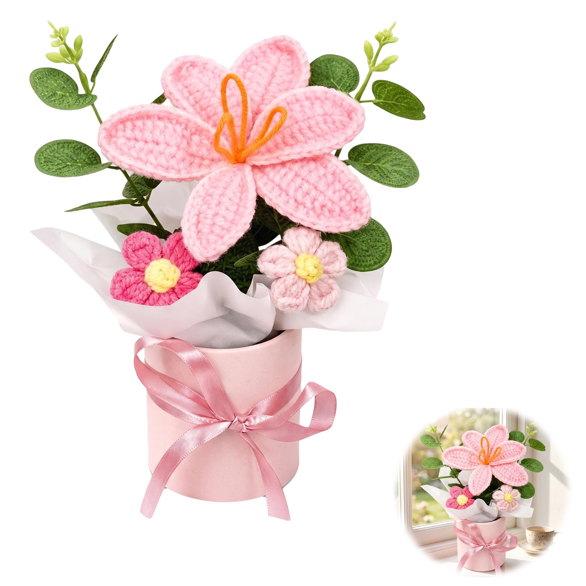 Crochet Flowers, 20cm Plush Pink Bucket Bouquet, Crochet Flower Bouquet