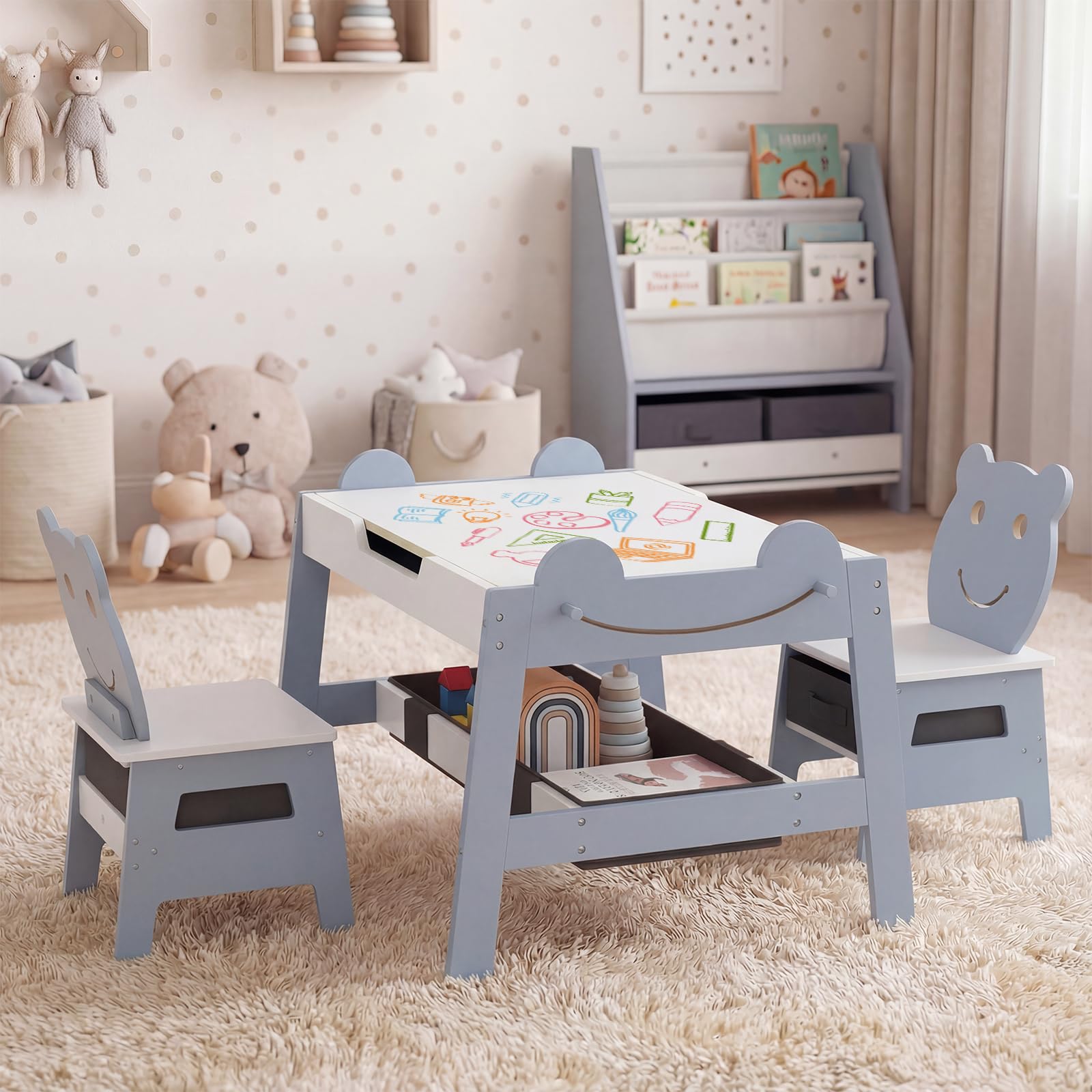 LIFEZEAL Tavolo Bambini con 2 Sediel, Tavolino Legno 5 in 1 con Piano Reversibile Lavagna/Bianco, 4 Ganci, 2 Cassetto in Tessuto, 1 Contenitori, per 3 Anni+ (Grigio, 70 x 60,5 x 50 cm)