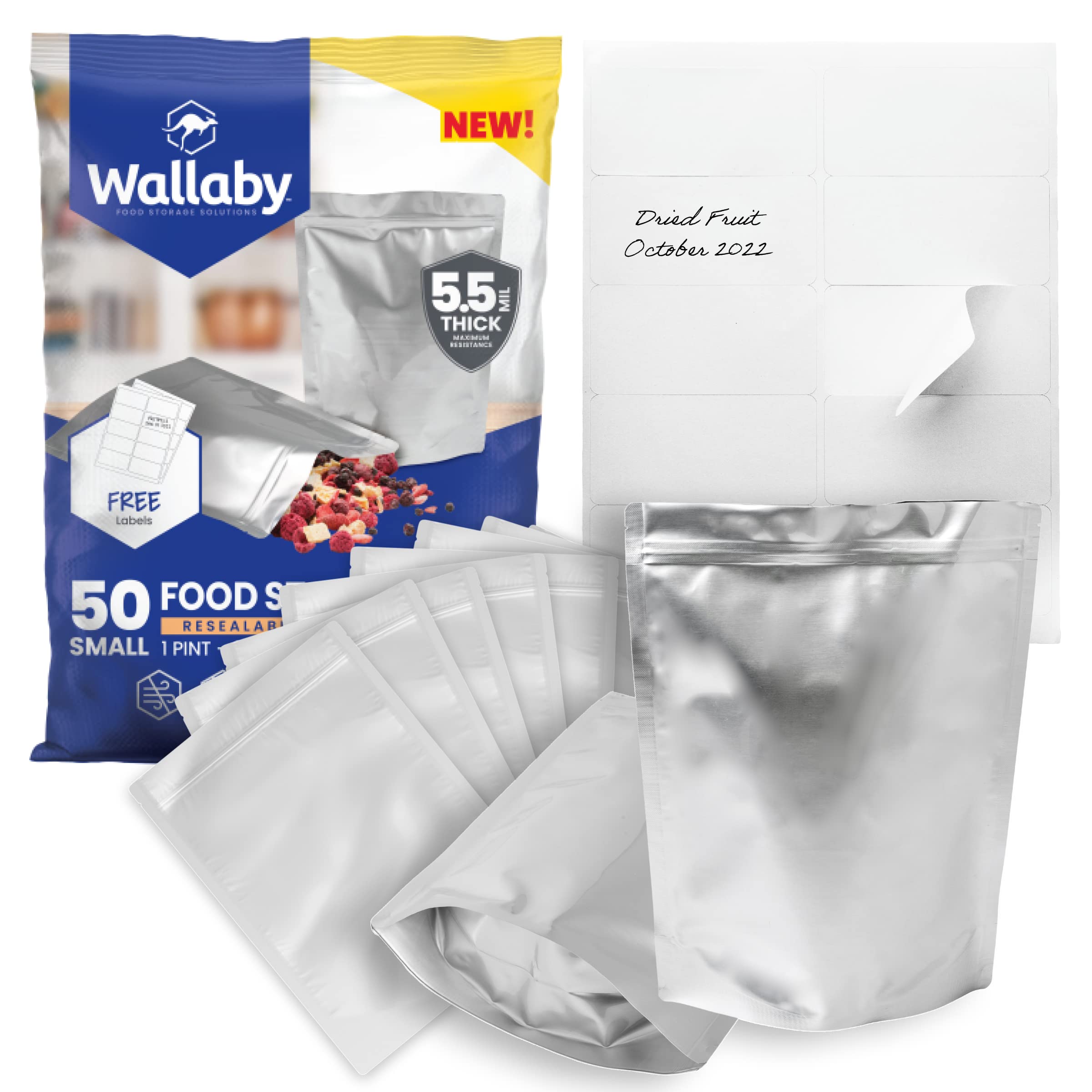 Wallaby50 Count 1-Pint Gusset Mylar Bags with Labels, 11 Mil Total Thickness Long-Term Food Storage Pouches, 15x12 Stand-Up Zipper Heat-Sealable Airtight Packaging - Silver