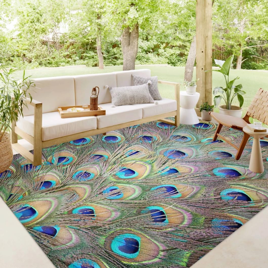 Artistic Realistic Purple Gold Peacock Feathers Indoor Outdoor Area Rug for Balcony Deck Porch Patio Washable Waterproof Non Slip Carpet Soft Livingroom Mat 5x8
