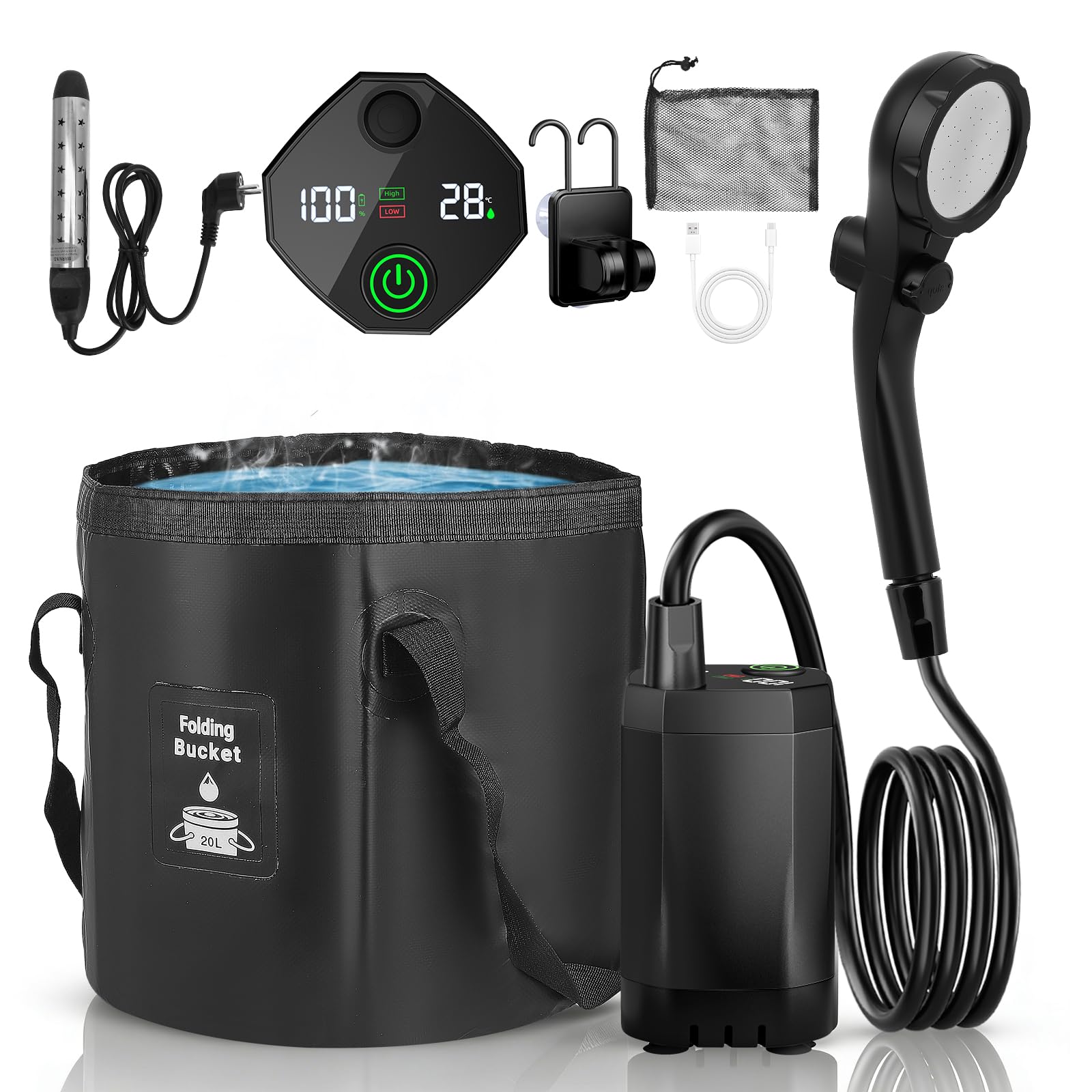 Doccia da Campeggio con Batteria da 6000 mAh, Pompa, Tubo Flessibile da 200 cm, Doccia Portatile, Doccia Esterna per Giardino, Lavaggio Auto, Animali Domestici, Spiaggia, Viaggi