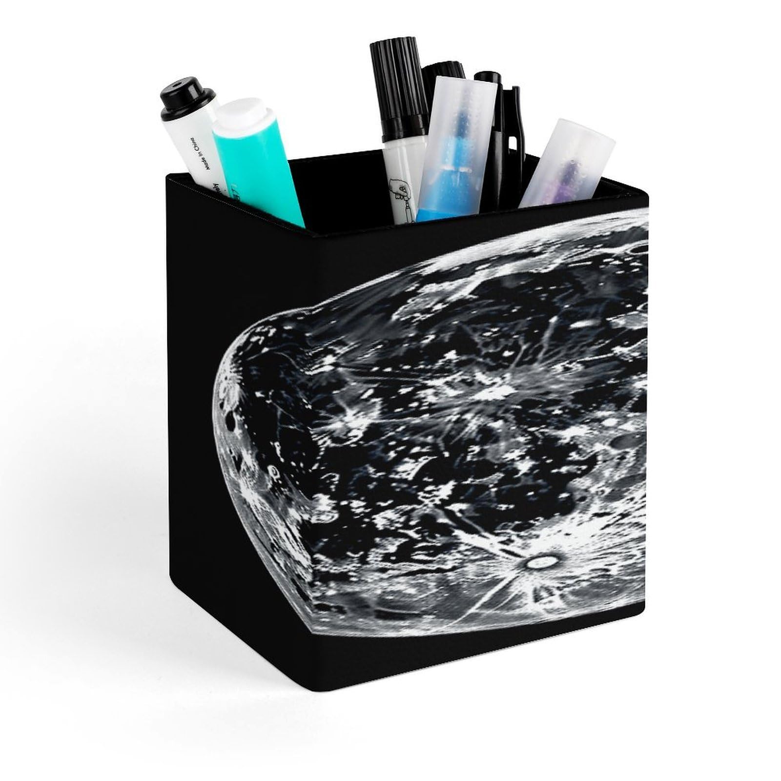 FekiLoot Moon Pencil Holder for Desk Square Leather Pen Holder Cup Desktop Organizer Multi-Functional Pencil Cup Holders Modern Decorative Desk Organizer Caddy Makeup Brush Holders