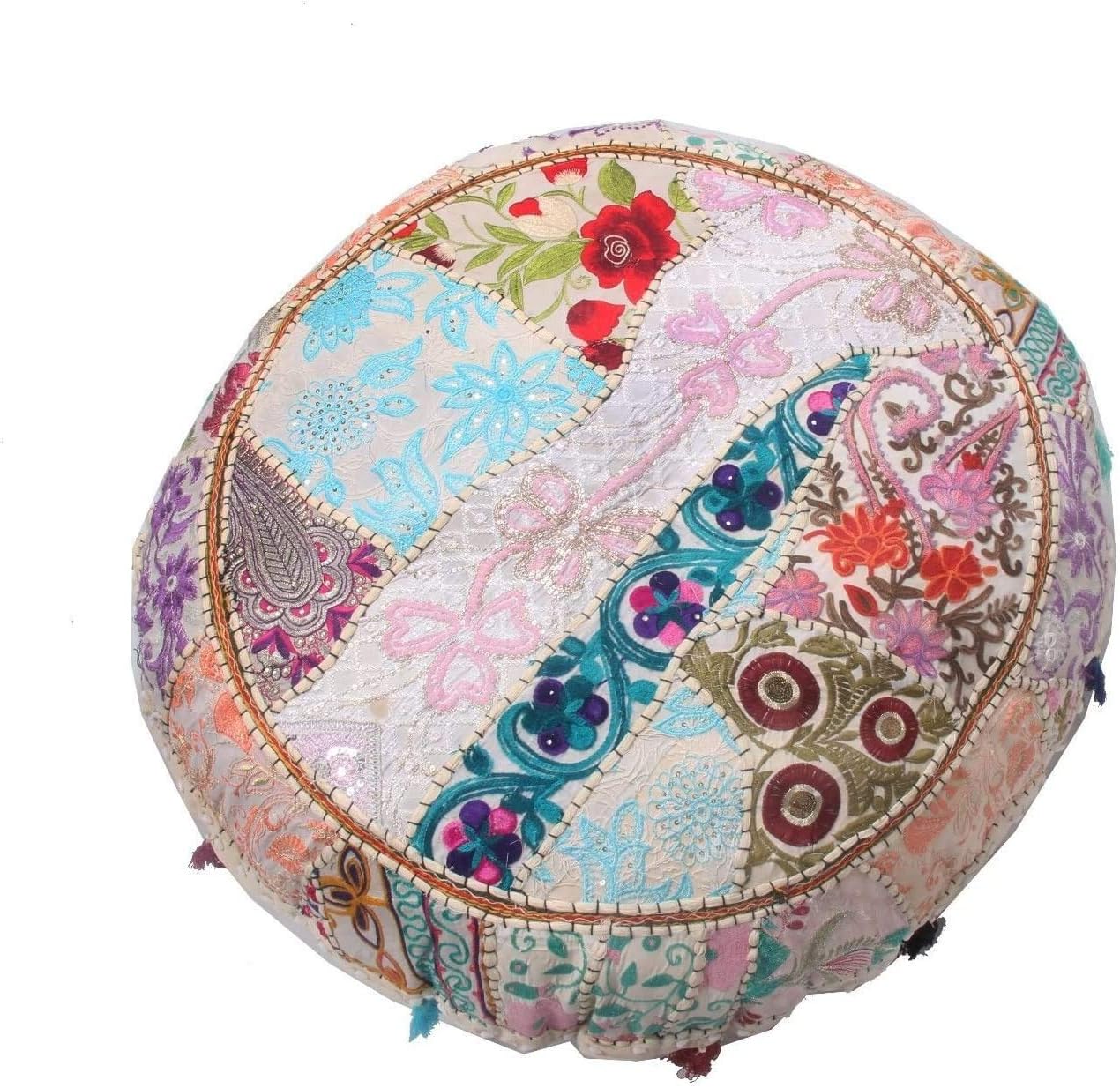 The Harry Creations Decor Room Cover Indian Vintage Living Pouf Floor Stool Bohemain Foot Pillow Home Ottoman Bean Bag Round Ottoman Patchwork Floor Cushion Cover (White, 40 Inch)
