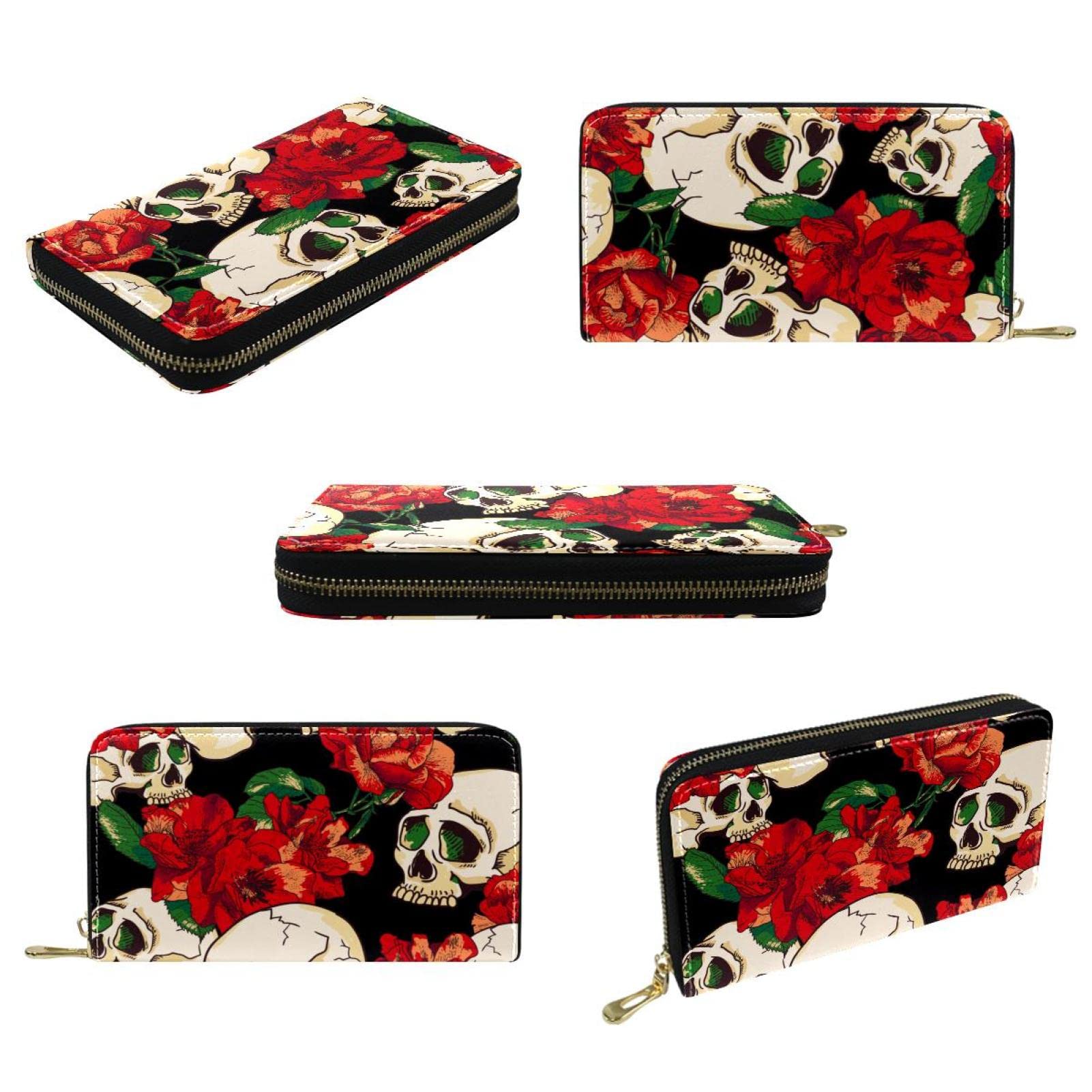 Cartera larga de piel con cierre de calavera con patrón de flores, Varios colores, 20.5x2.5x11.5cm/8.07x1x4.53 in, Classic
