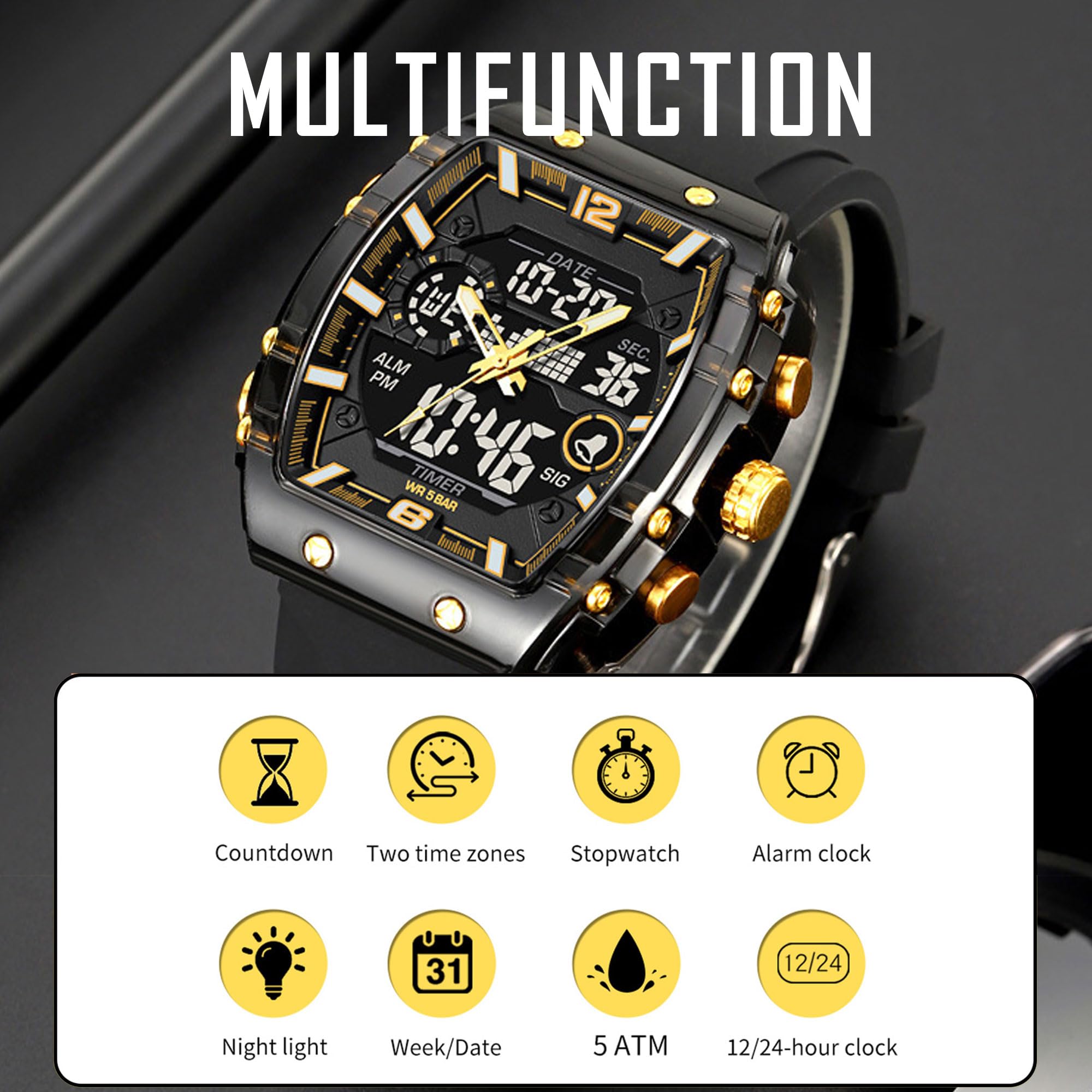 findtime Herren-Armbanduhr, Sport, einzigartig, digital, analog, wasserdicht, für Männer und Frauen, Stoppuhr, Alarm, coole Chronograph-Uhr, Silikonband, Armbanduhr, transparent, großes rechteckiges
