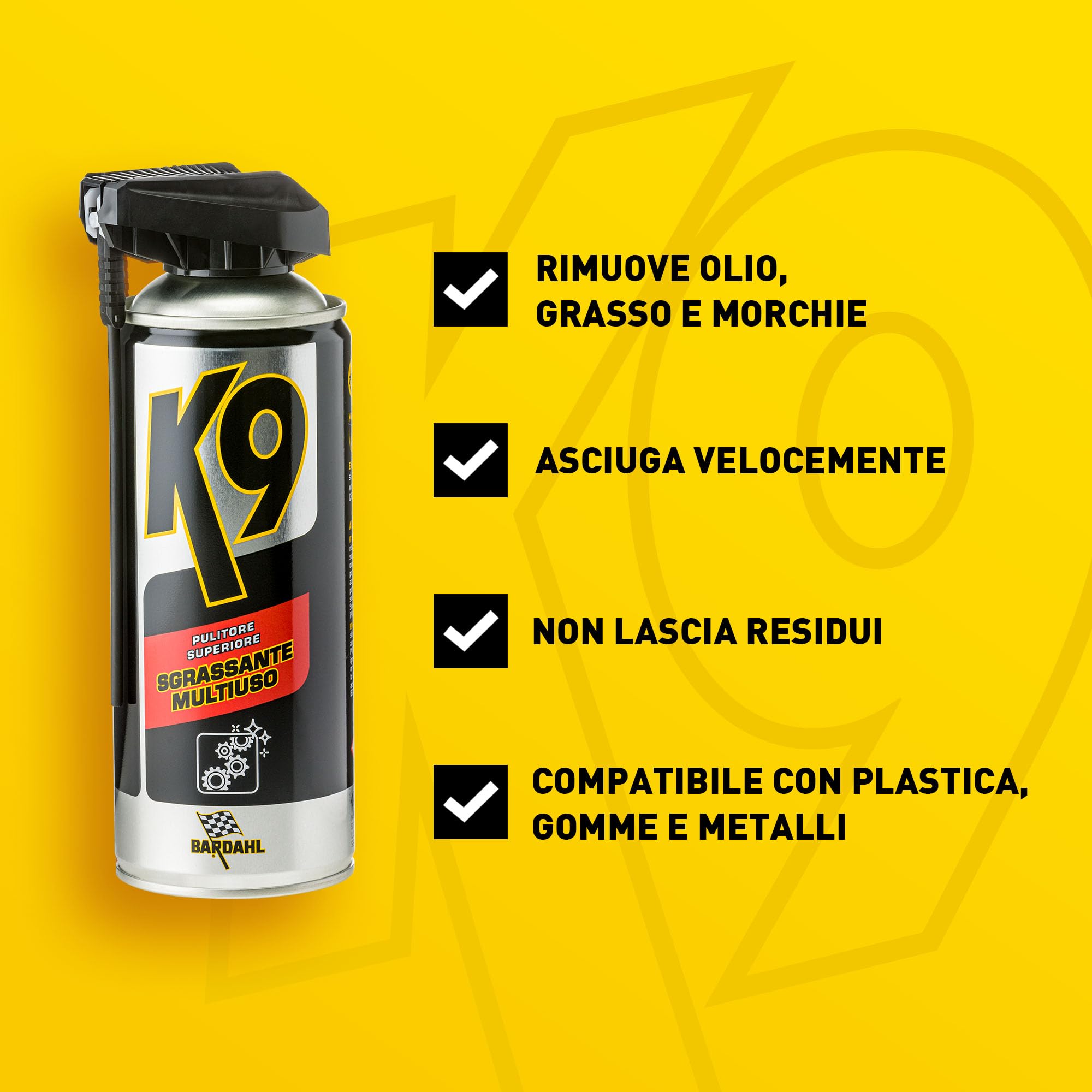 Bardahl K9 - Pulitore Superiore Sgrassante Multiuso, Rimuove Efficacemente Olio, Grasso, Sporco e Polvere, Sgrassatore Professionale per Plastica, Gomma e Metalli, ad Asciugatura Rapida, 400 ml