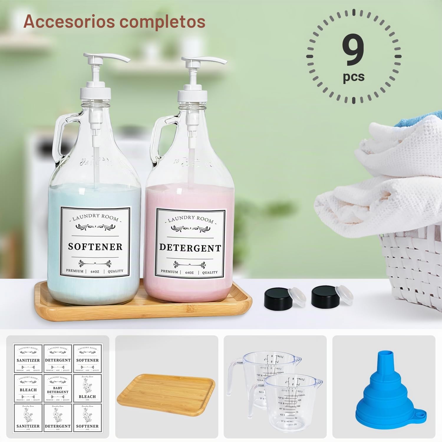 Dispensador de detergente de Vidrio para lavandería, dispensador de jabón líquido para lavandería, dispensador de blanqueador de 64 onzas para decoración de Granja, Incluye Bombas, Embudo,