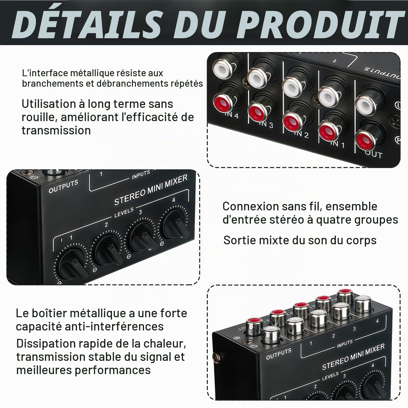 Mélangeur Audio Stéréo, Mini Mélangeur Stéréo, Mini Mélangeur Passif 4 Canaux 1, Mélangeur Passif Stéréo pour Lecteur DVD stéréo Haut-Parleur CD