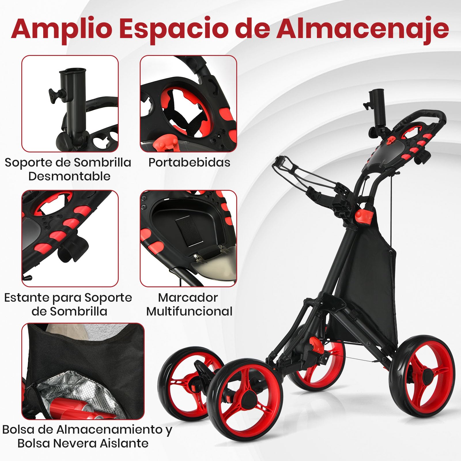 GOPLUS Carrito de Golf Plegable con 4 Ruedas, Carro Golf Ligero con Bolsa Impermeable, Freno de pie, Soporte para Paraguas Ajustable, Portavasos y Asa Ajustable, 110 x 100 x 65 cm